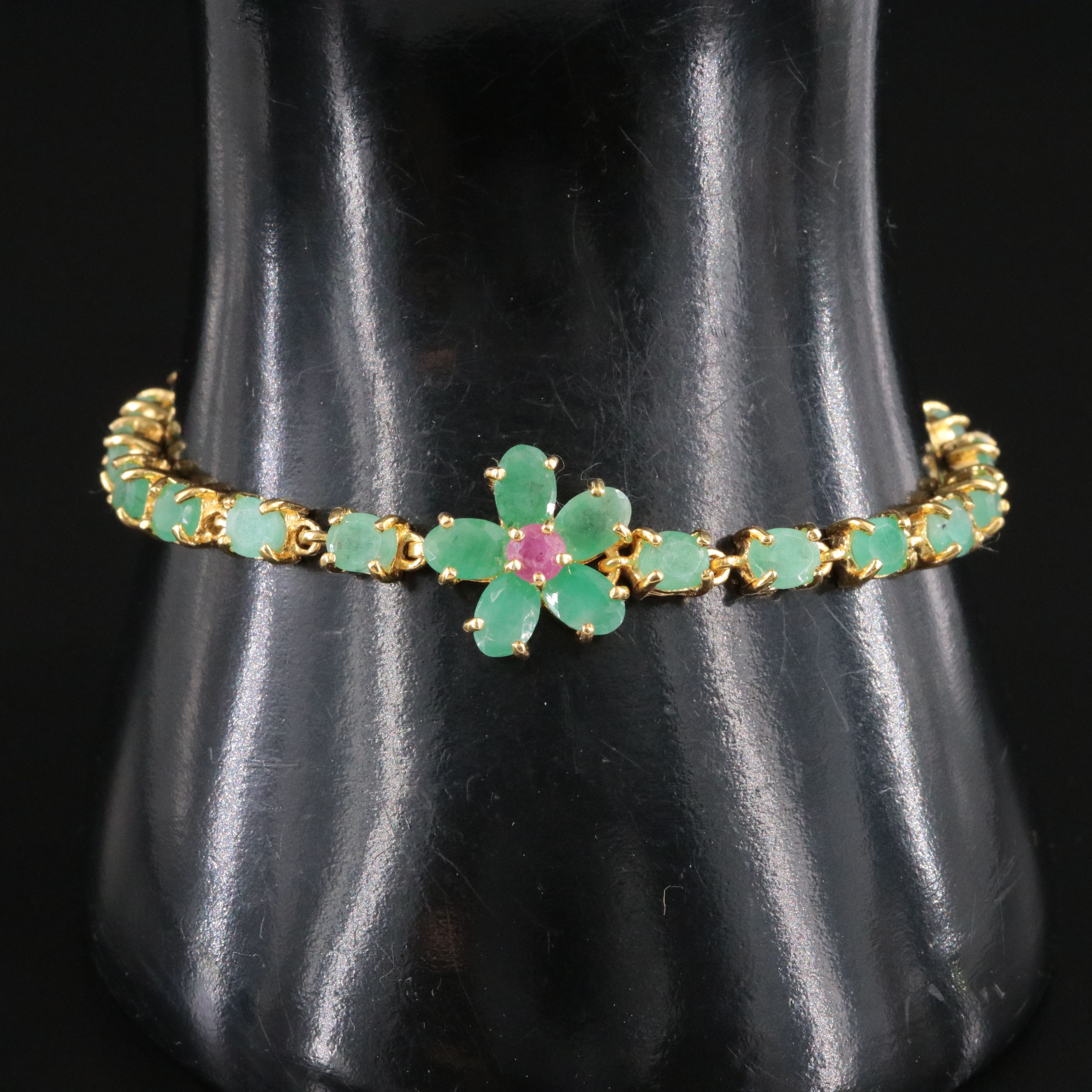 Sterling Emerald and Ruby Flower Bracelet