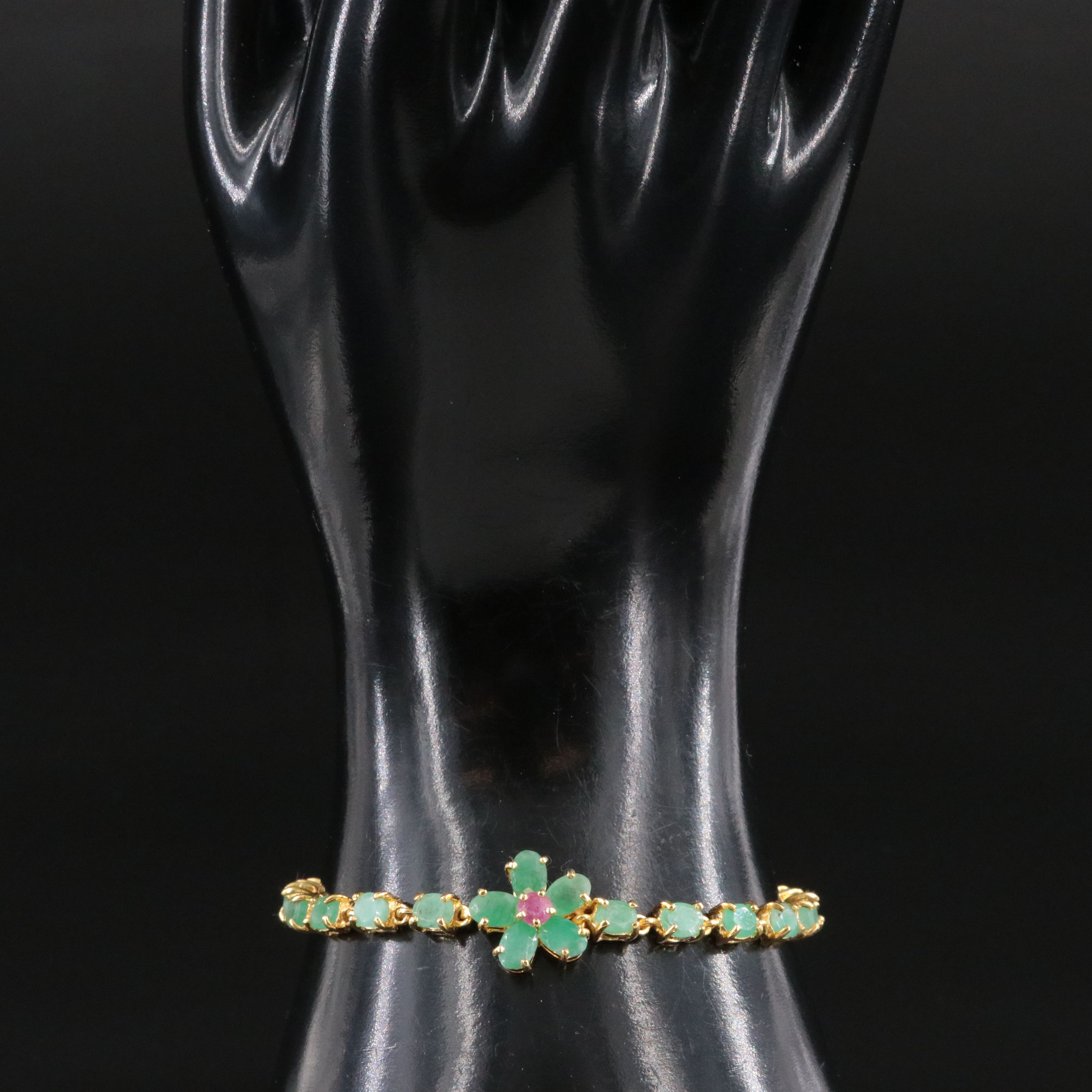 Sterling Emerald and Ruby Flower Bracelet