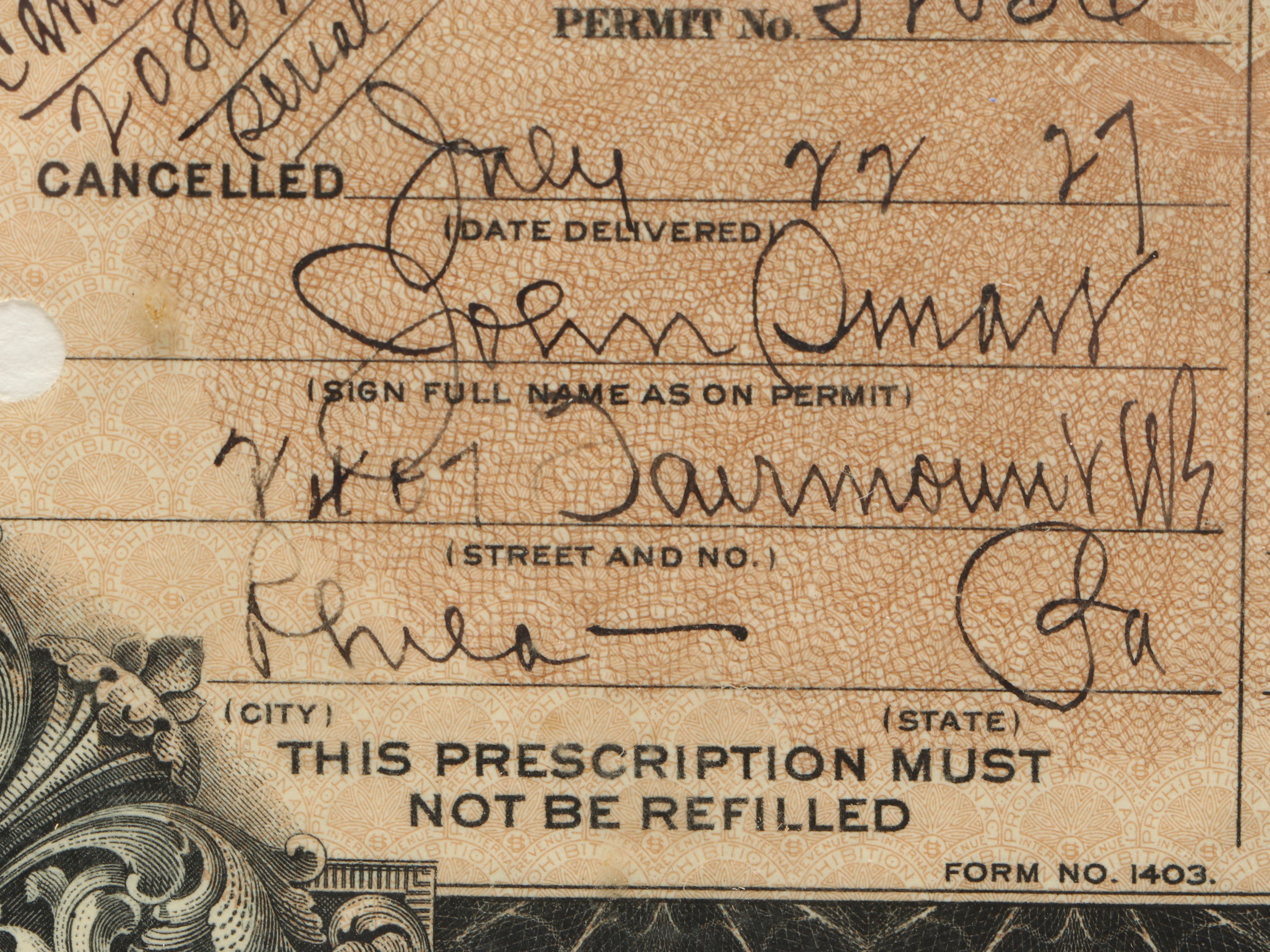 Prohibition Era Prescription Form for Alcohol, 1927