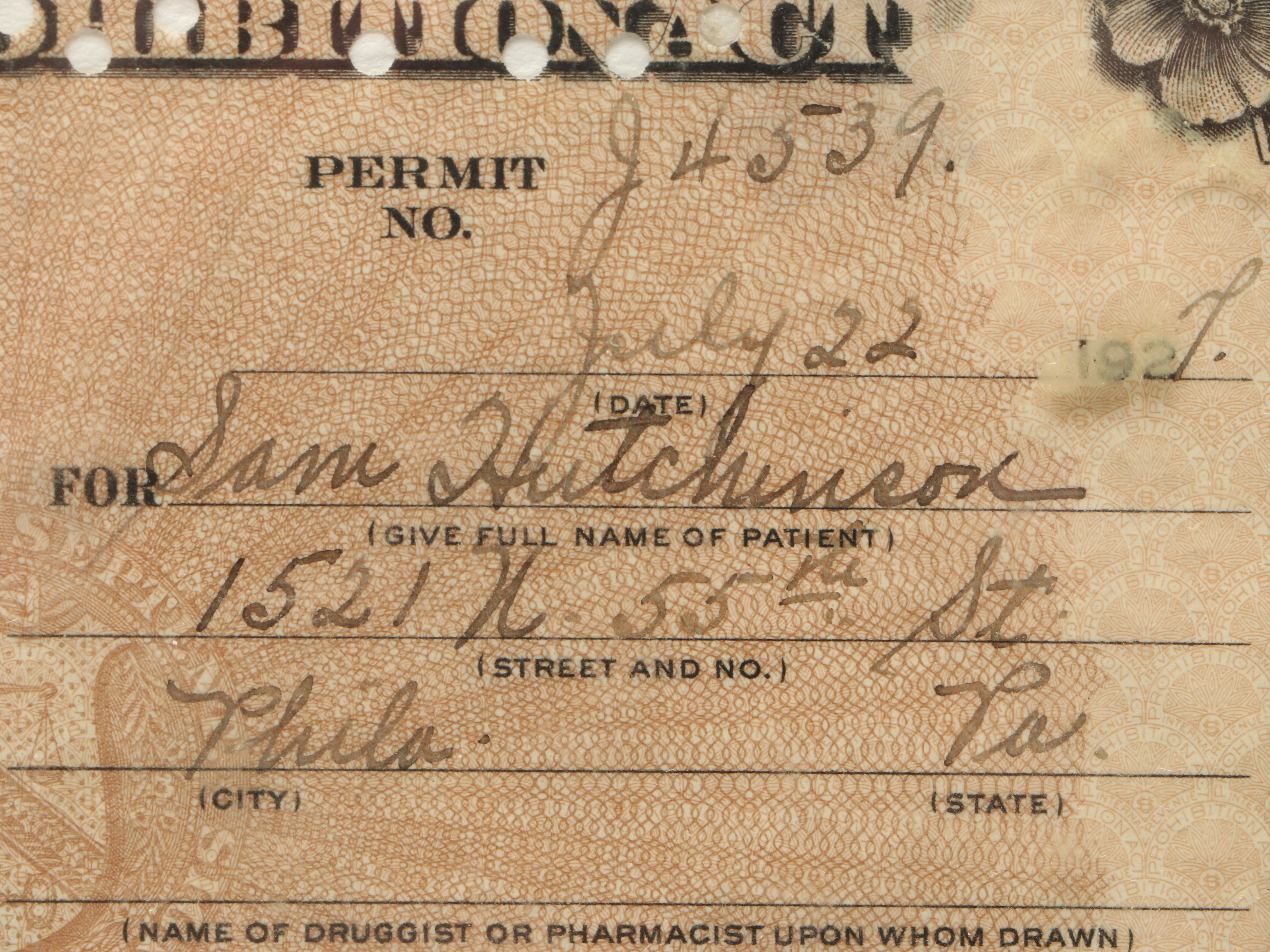 Prohibition Era Prescription Form for Alcohol, 1927