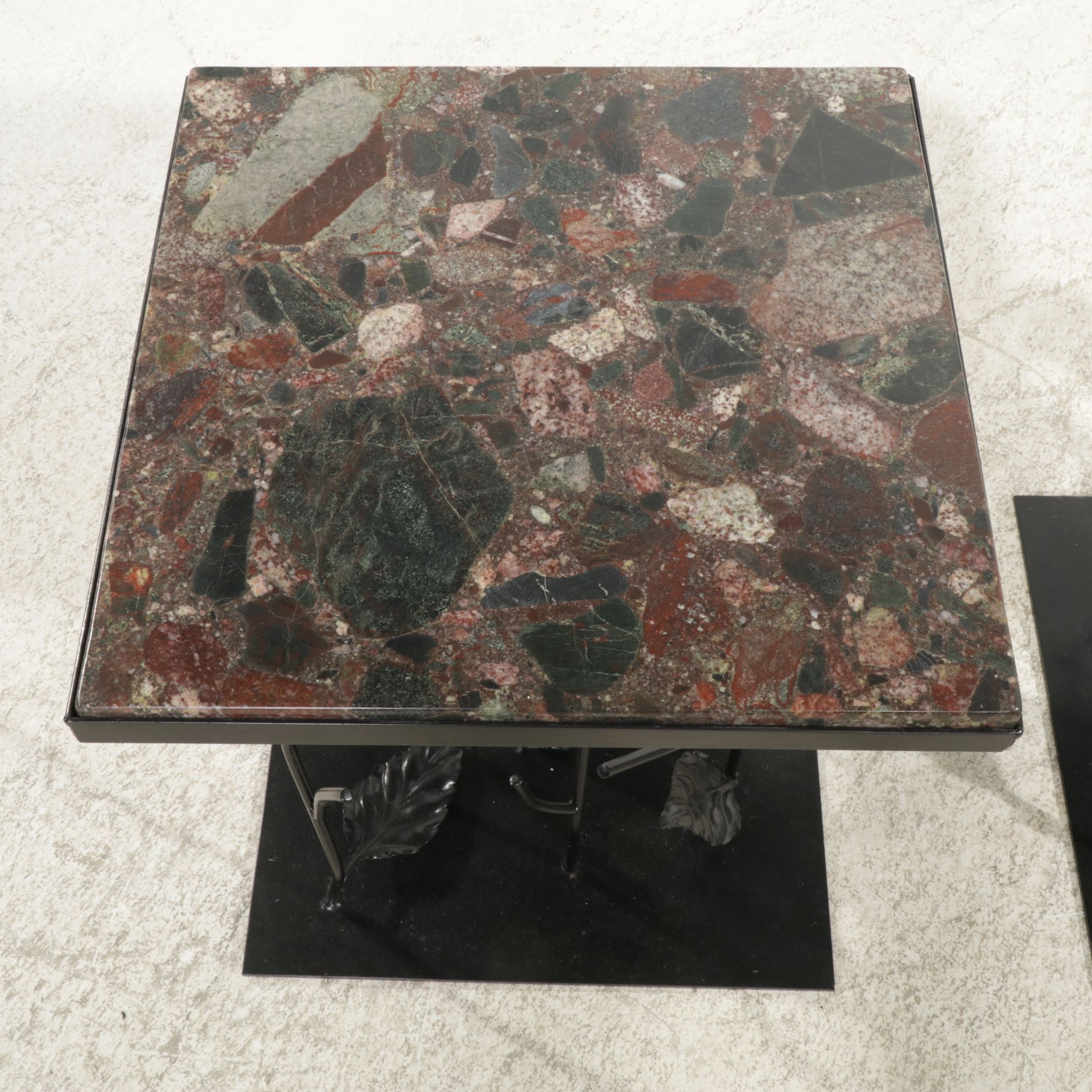 Pair of Contemporary Forged Metal Side Tables with Granite Tops