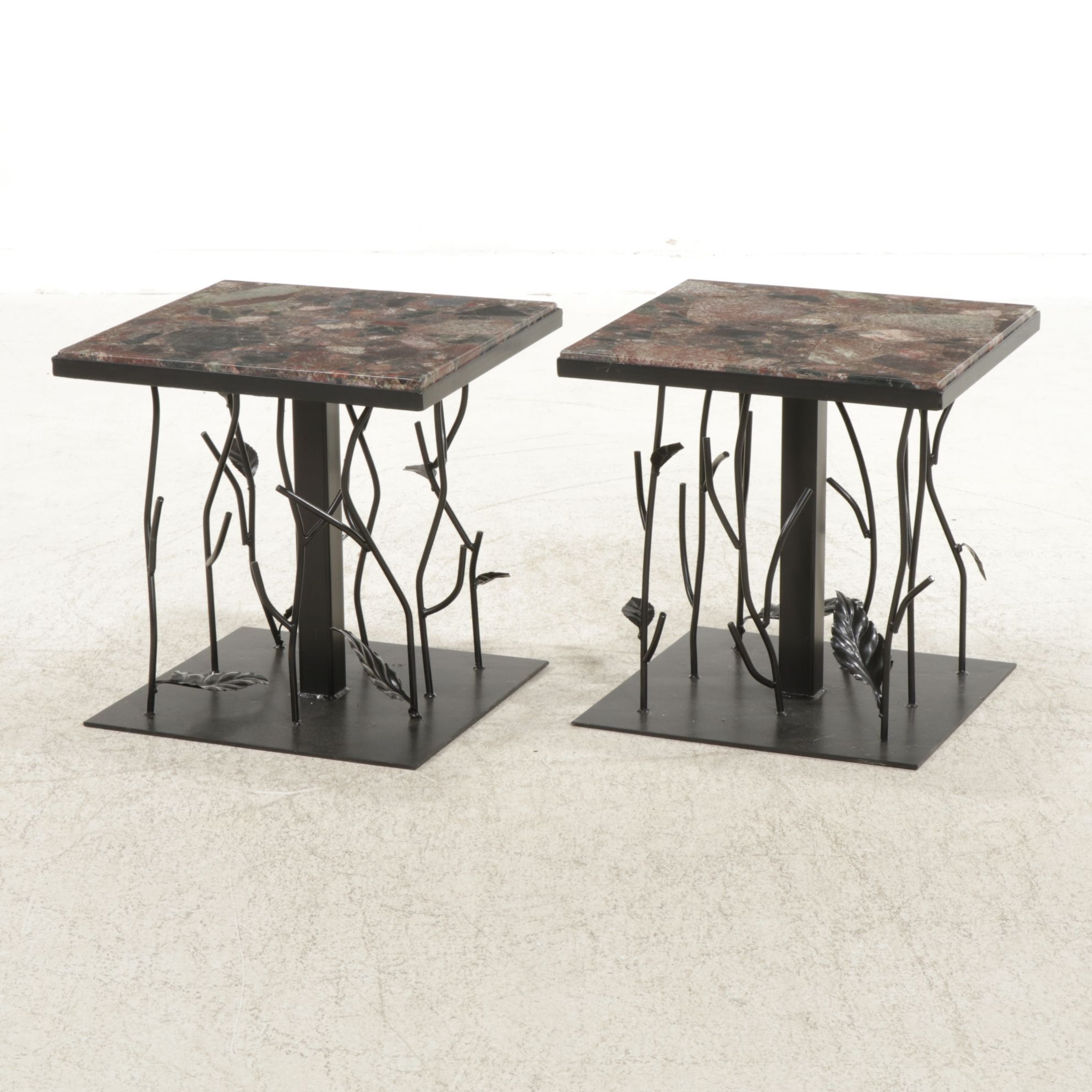 Pair of Contemporary Forged Metal Side Tables with Granite Tops