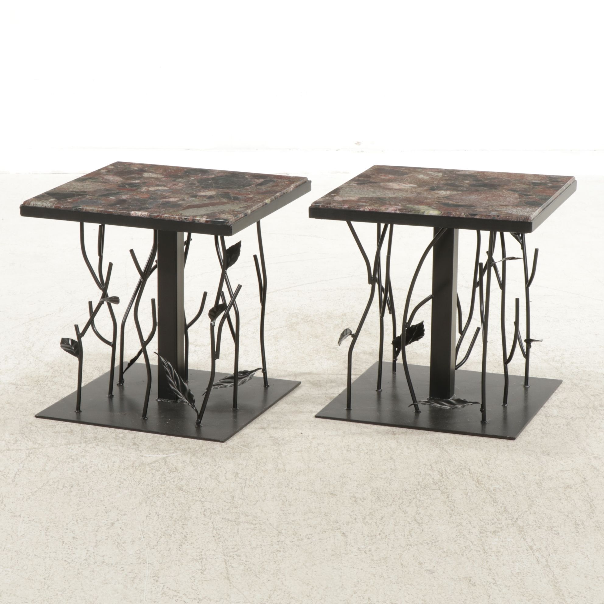 Pair of Contemporary Forged Metal Side Tables with Granite Tops