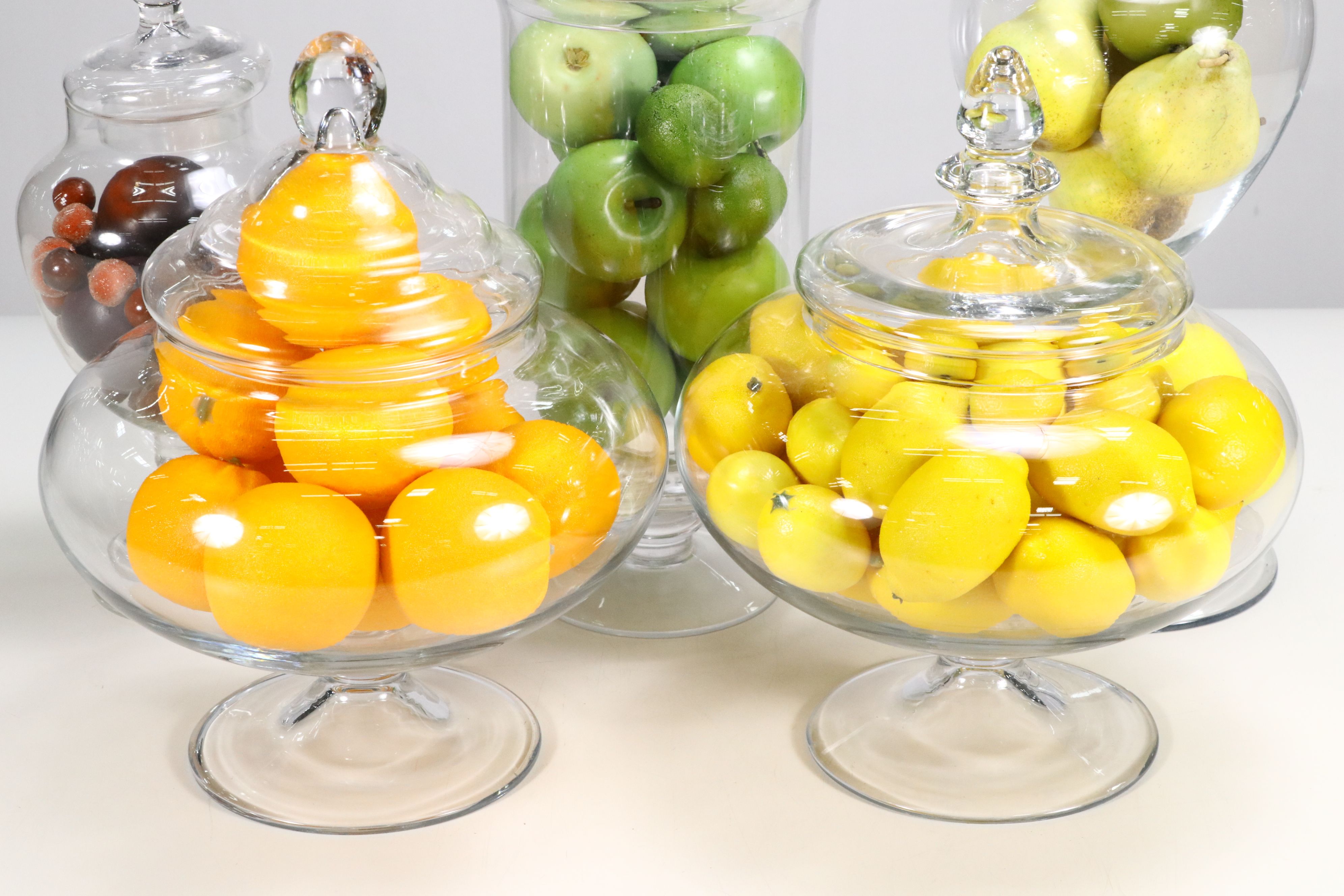 Footed Glass Apothecary Jars with Artificial Fruit