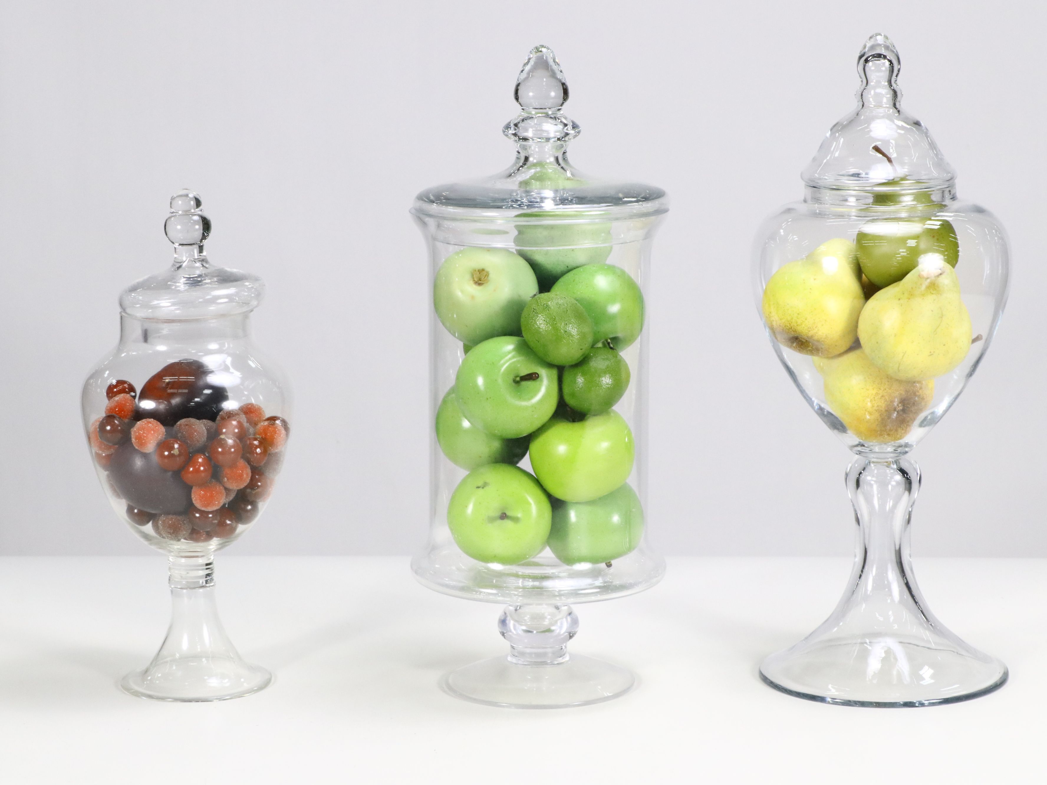 Footed Glass Apothecary Jars with Artificial Fruit