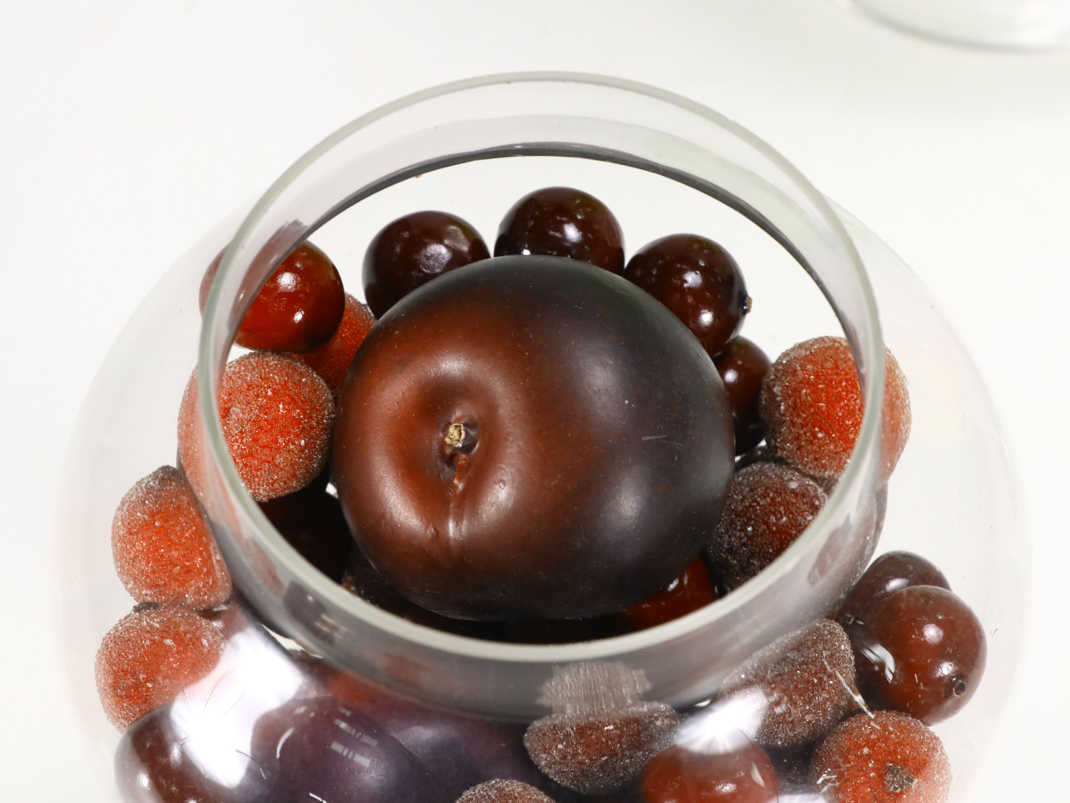 Footed Glass Apothecary Jars with Artificial Fruit