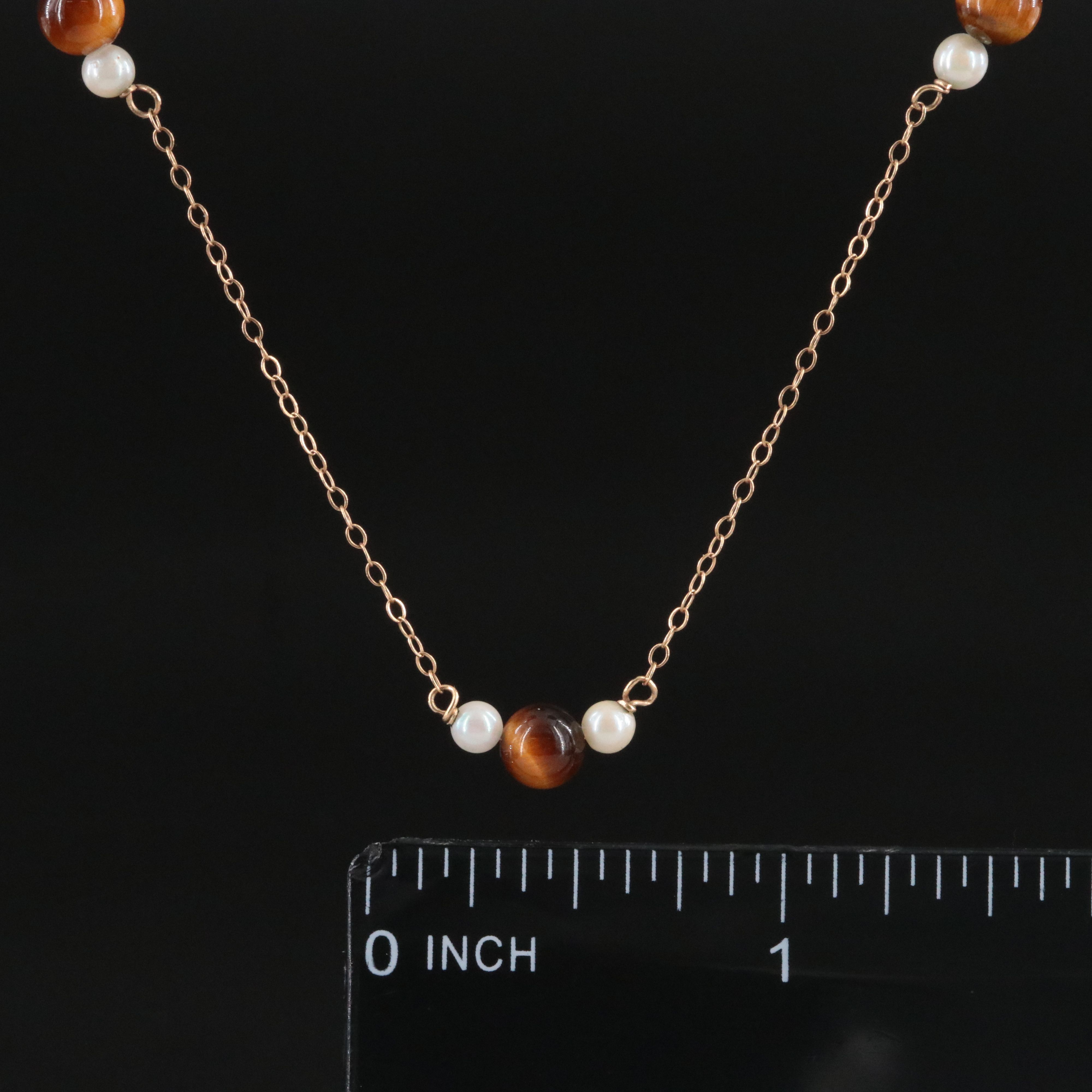 14K Tiger's Eye and Pearl Station Necklace