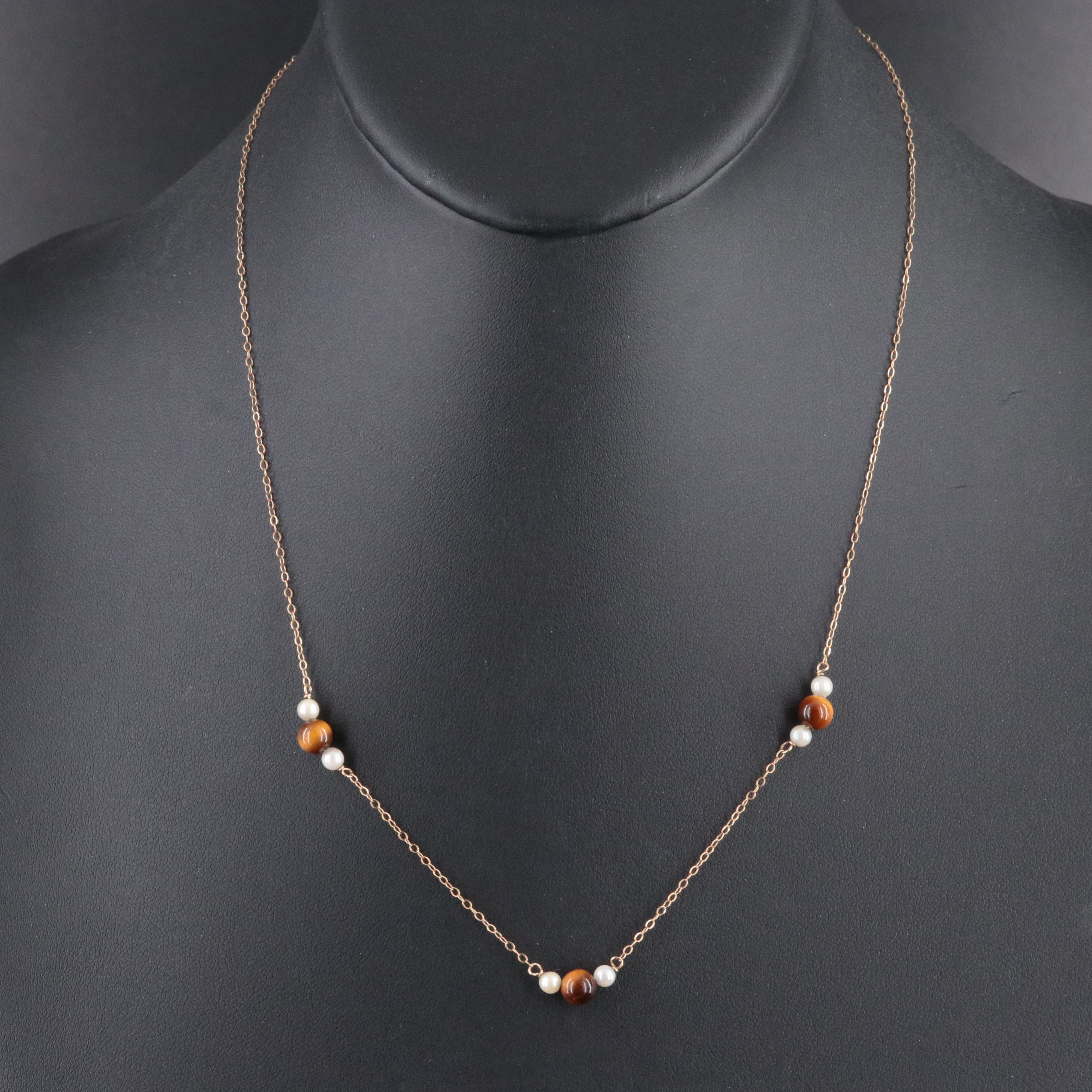 14K Tiger's Eye and Pearl Station Necklace
