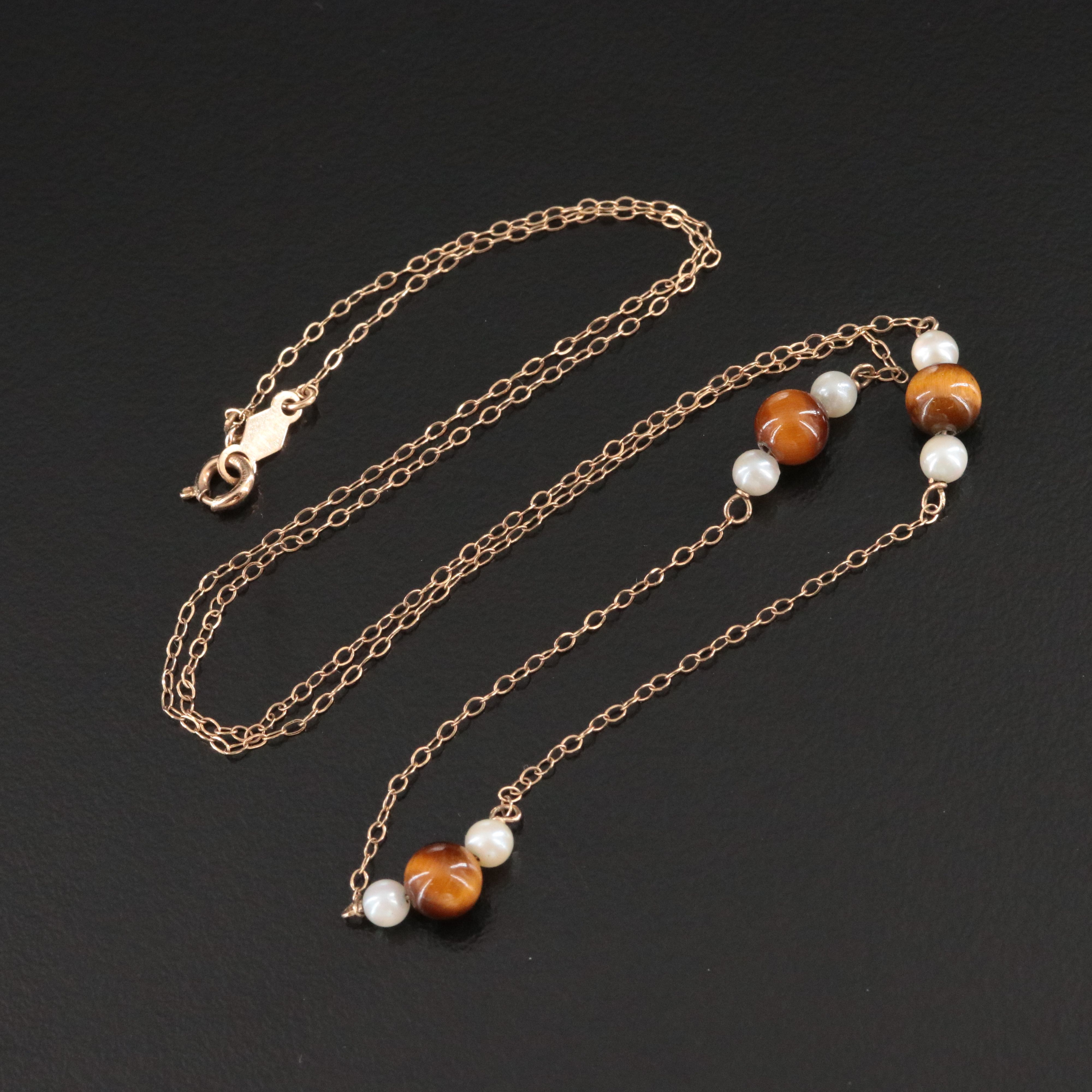 14K Tiger's Eye and Pearl Station Necklace