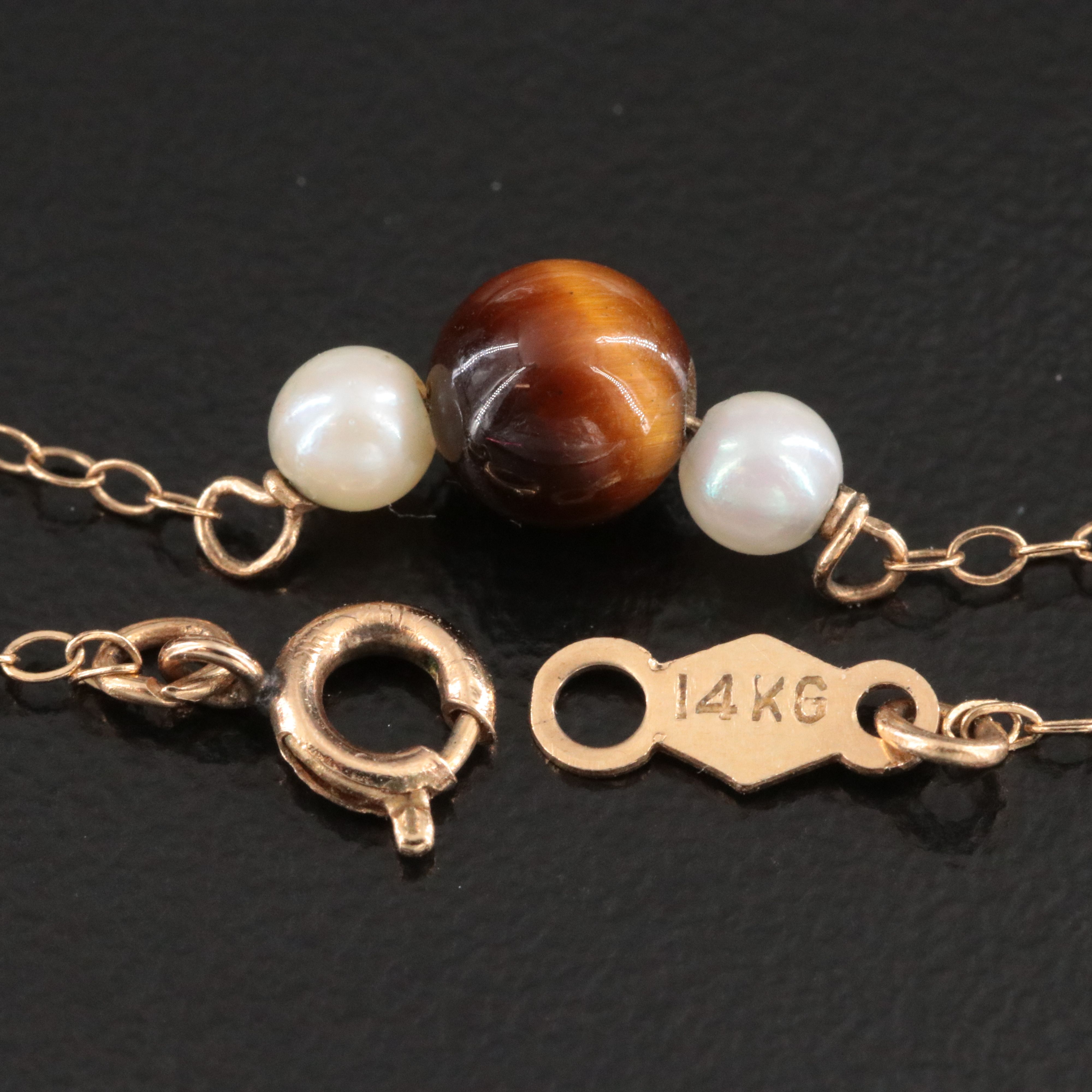 14K Tiger's Eye and Pearl Station Necklace