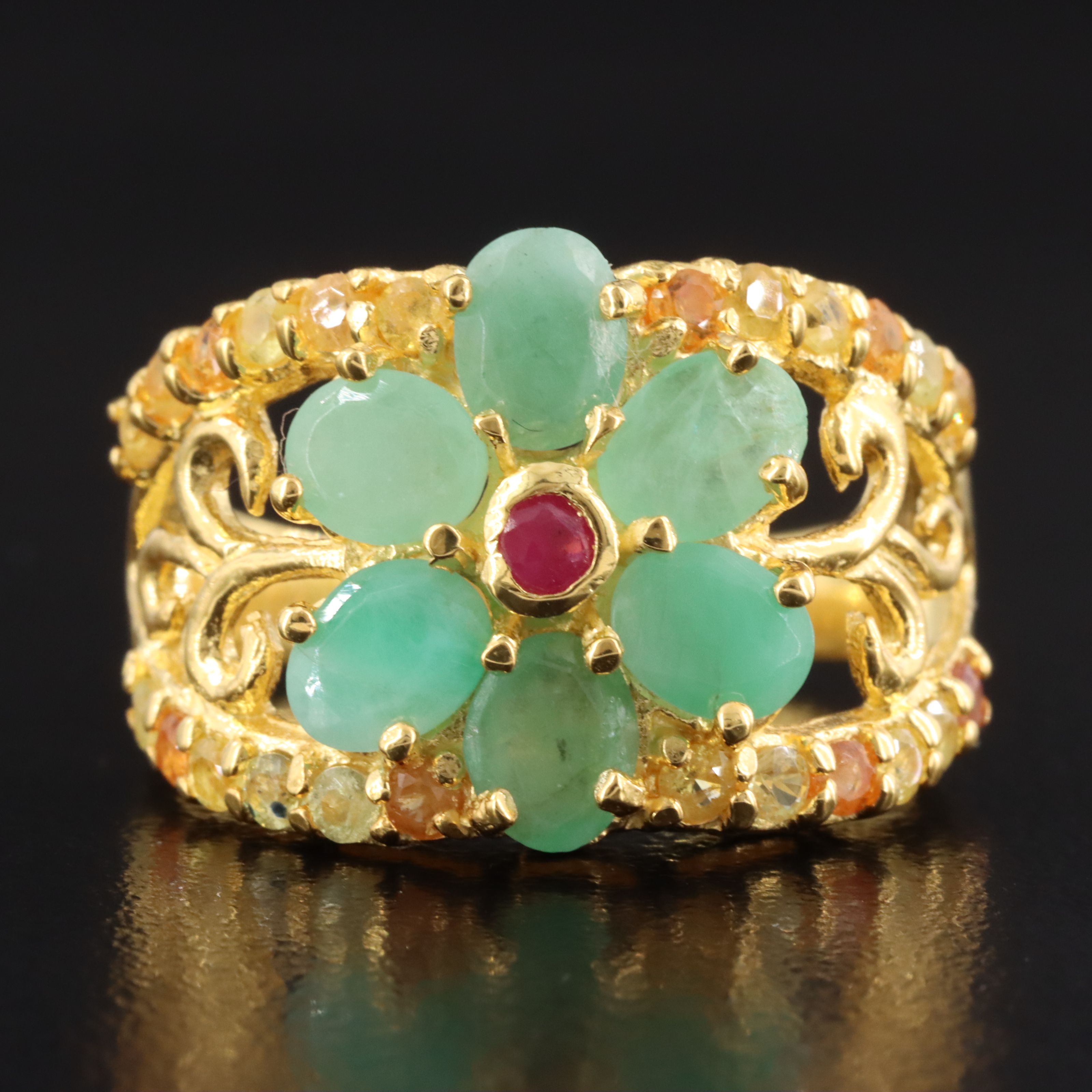 Sterling Emerald and Ruby Flower Ring