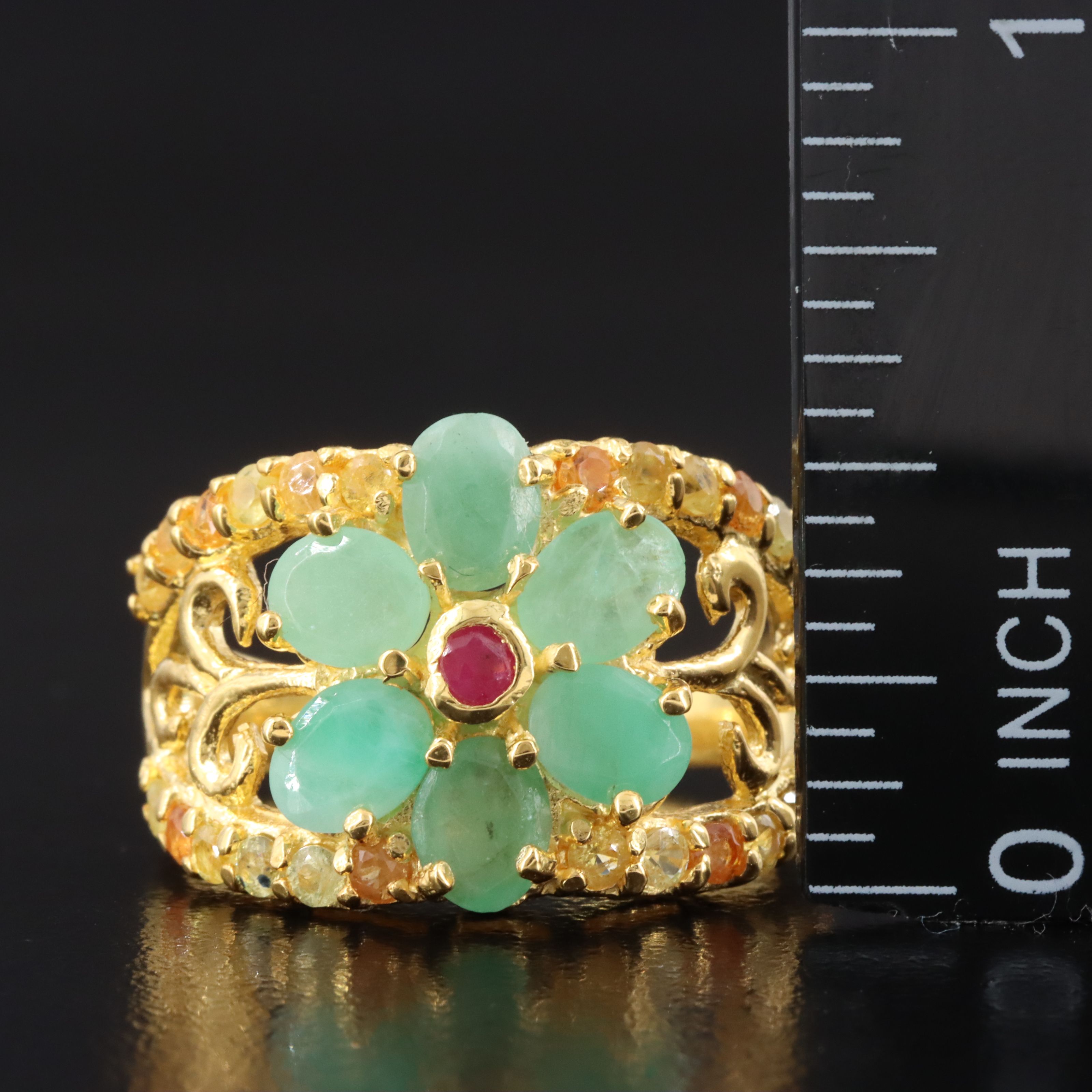 Sterling Emerald and Ruby Flower Ring