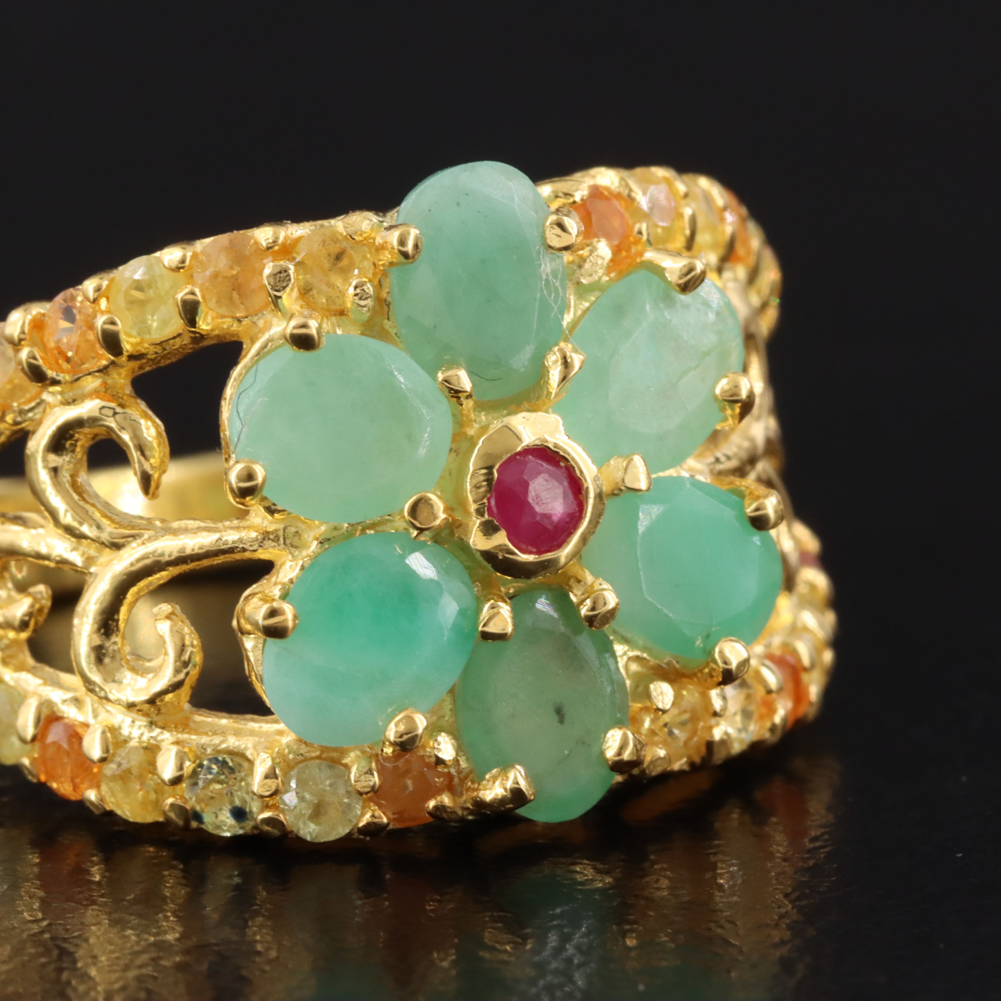 Sterling Emerald and Ruby Flower Ring
