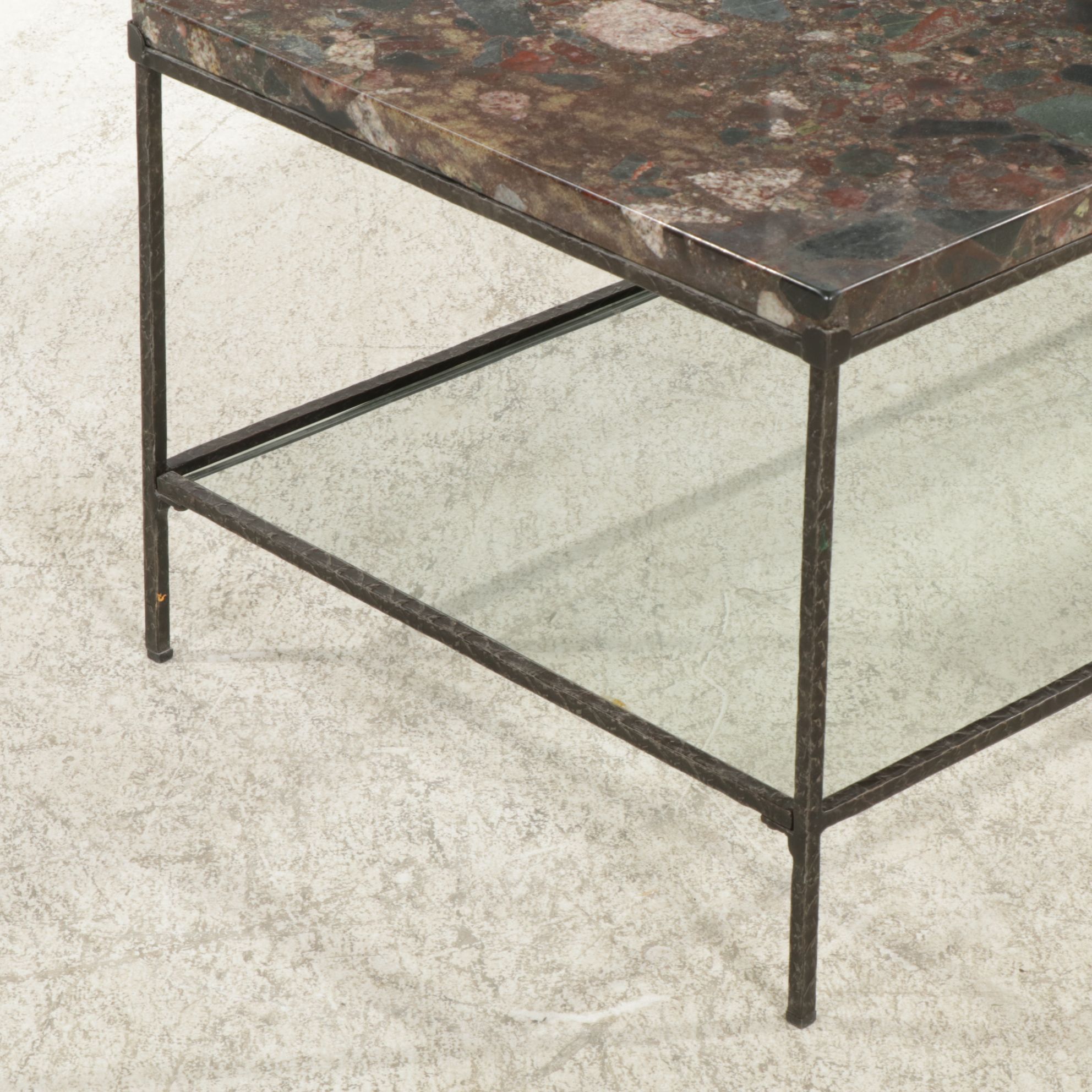 Contemporary Wrought Iron Coffee Table with Granite Top and Glass Shelf