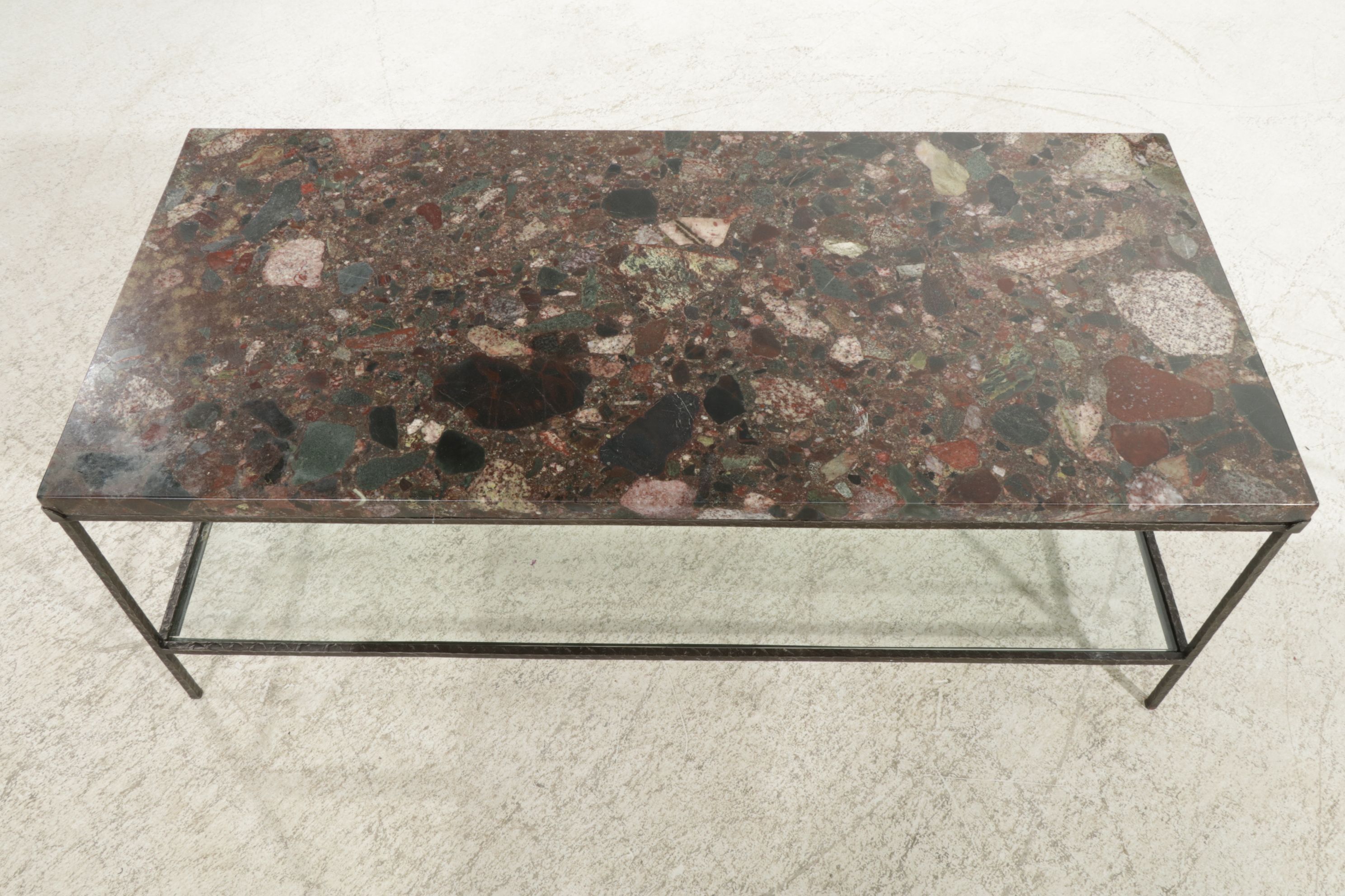 Contemporary Wrought Iron Coffee Table with Granite Top and Glass Shelf