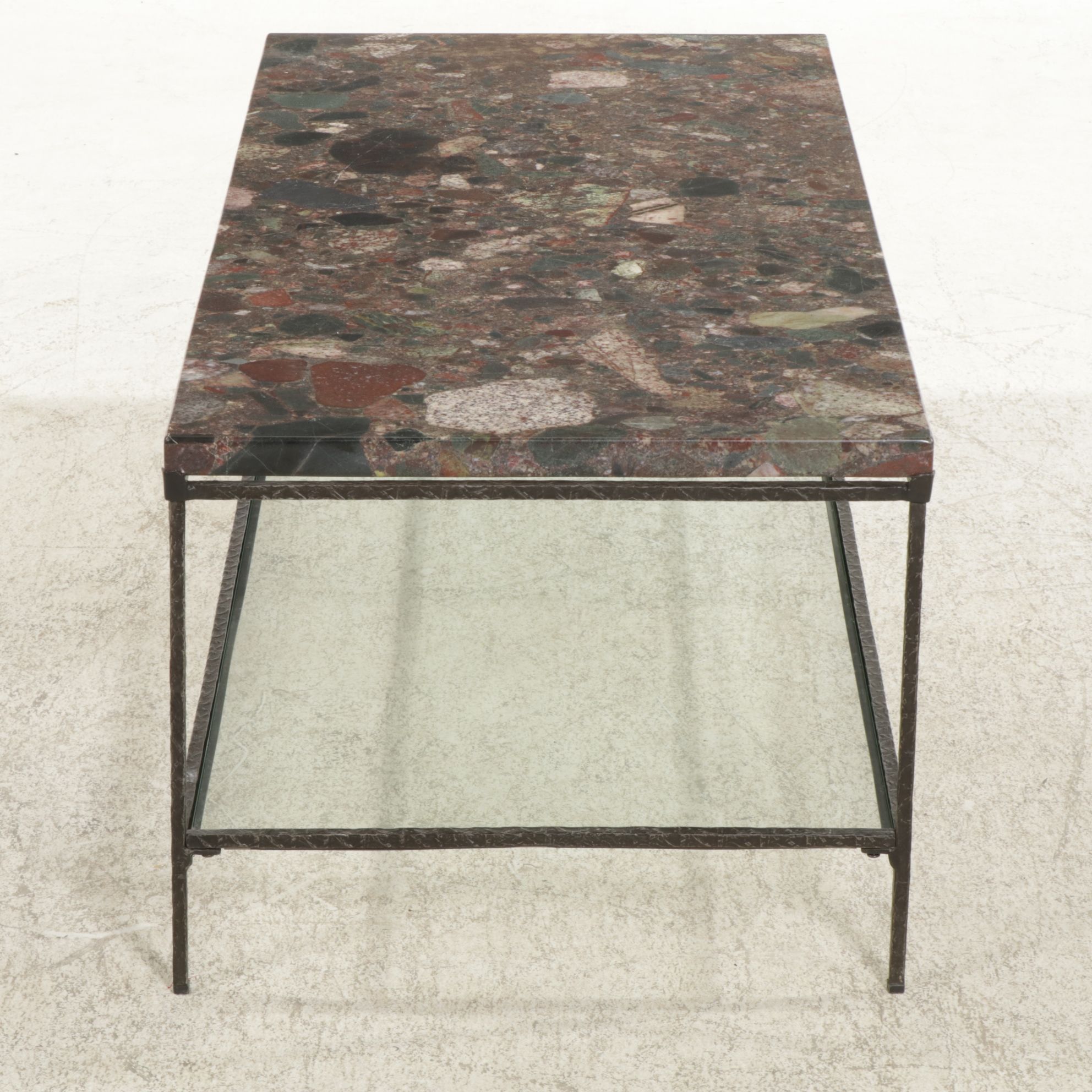 Contemporary Wrought Iron Coffee Table with Granite Top and Glass Shelf