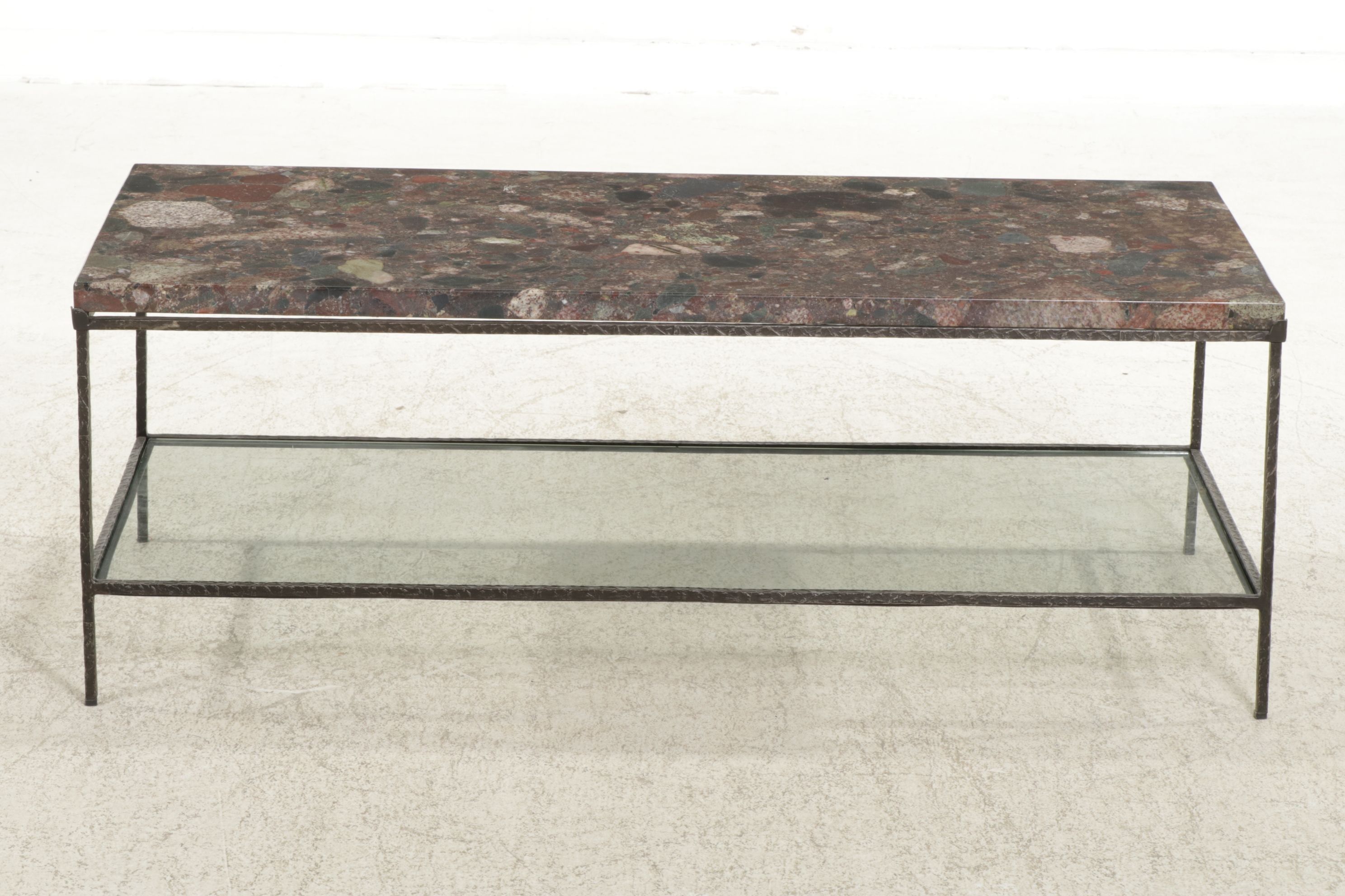 Contemporary Wrought Iron Coffee Table with Granite Top and Glass Shelf