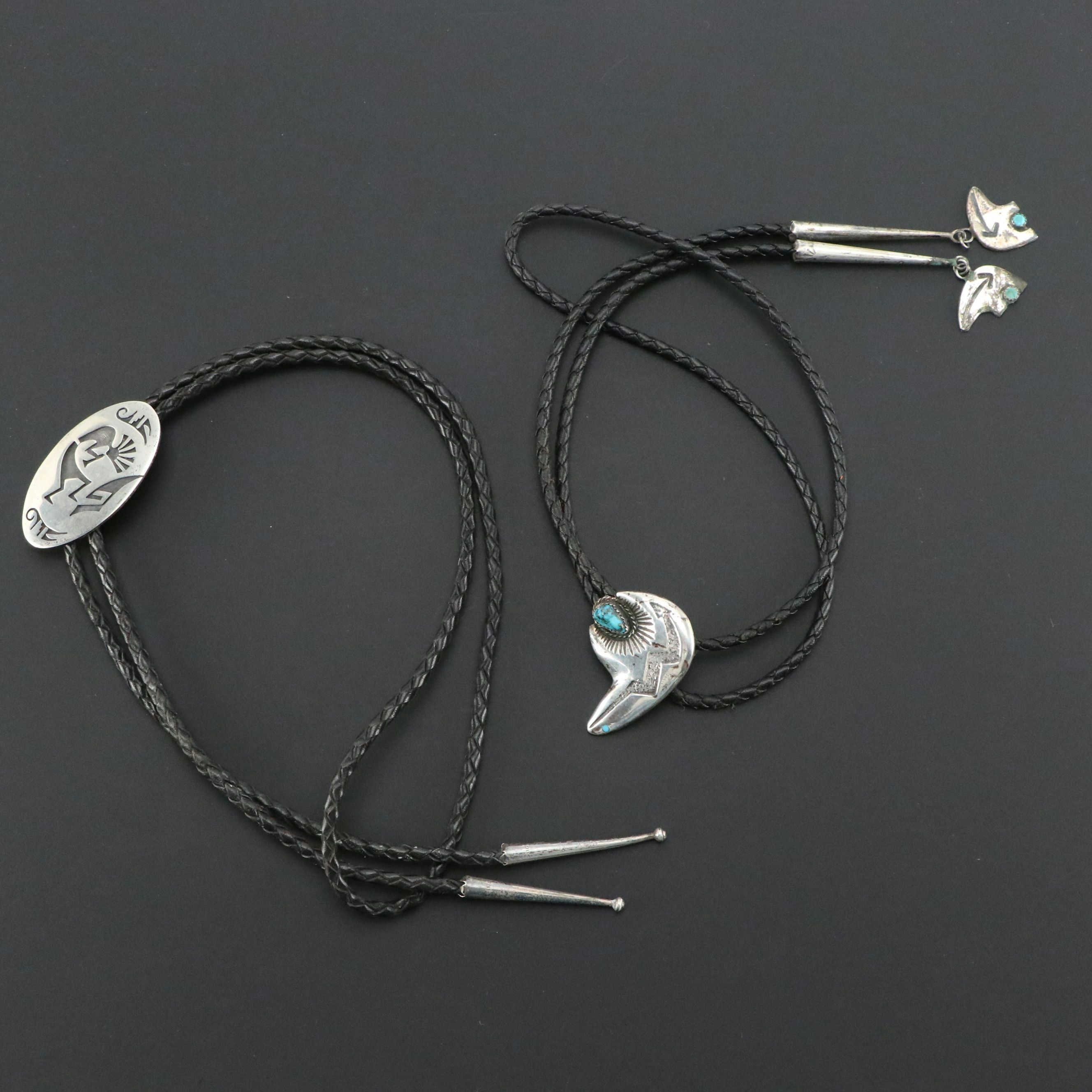 Effie Tawahongva Hopi and Cecil Lee Navajo Diné Sterling Turquoise Bolo Ties