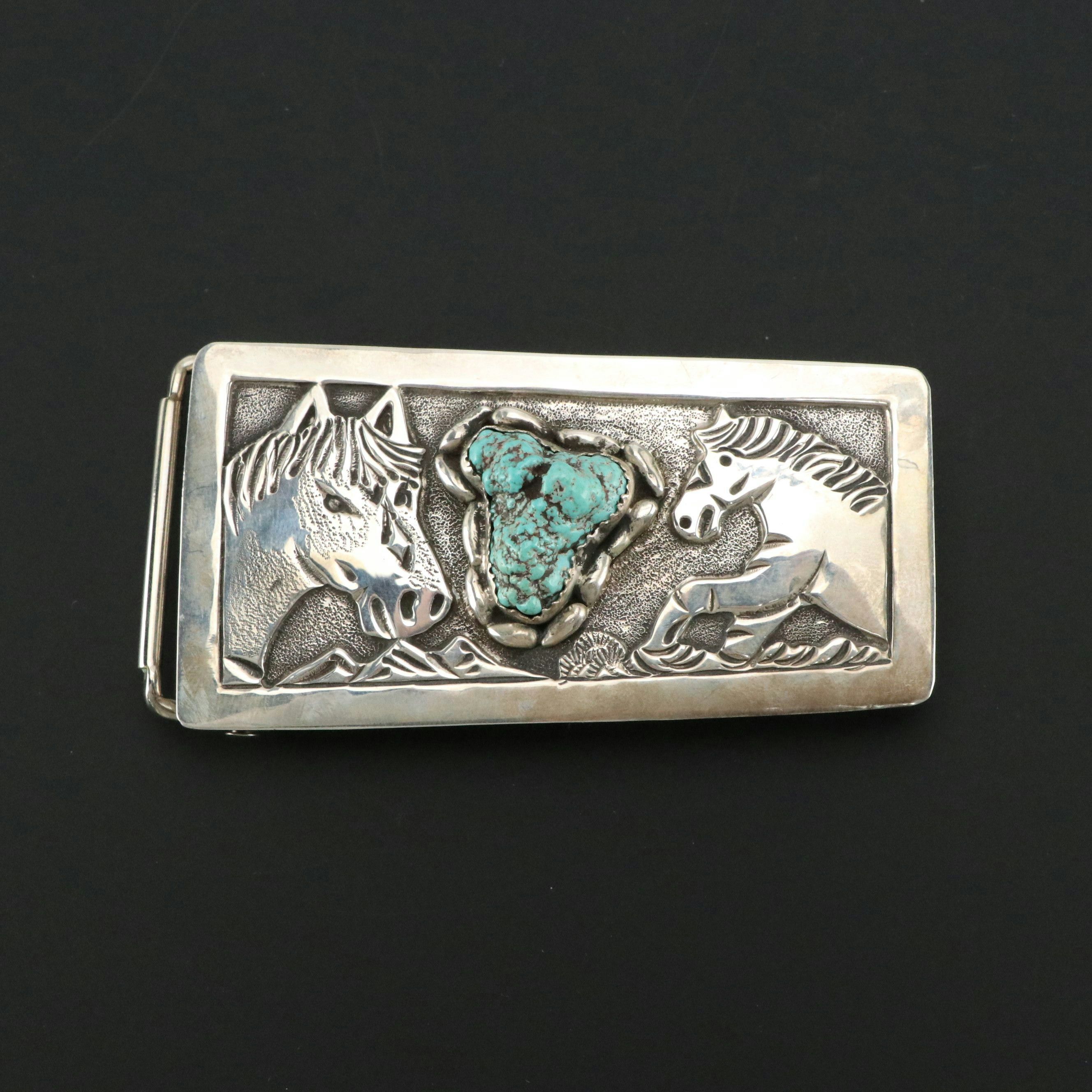 Lloyd Becenti Navajo Diné Sterling Silver Turquoise Belt Buckle