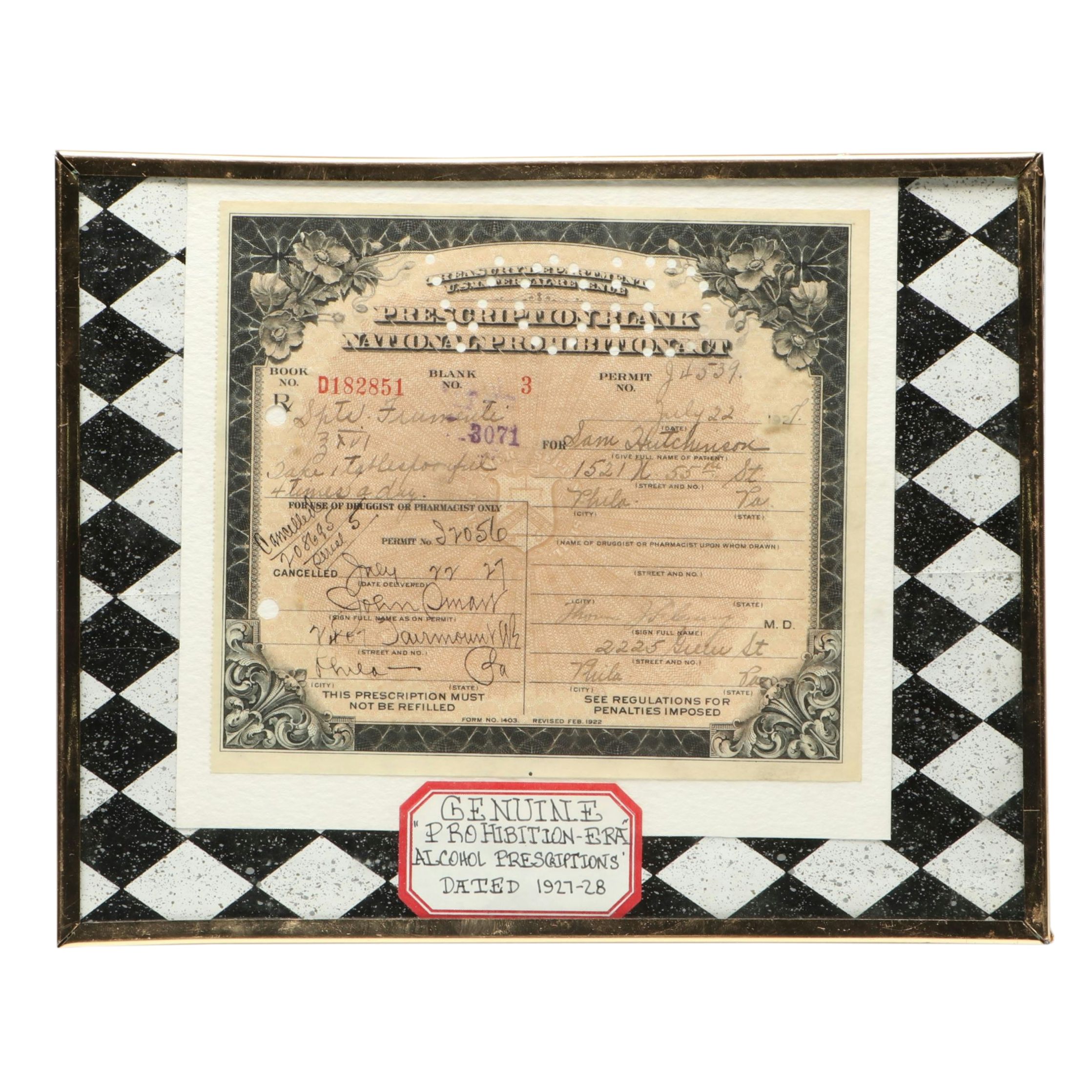 Prohibition Era Prescription Form for Alcohol, 1927