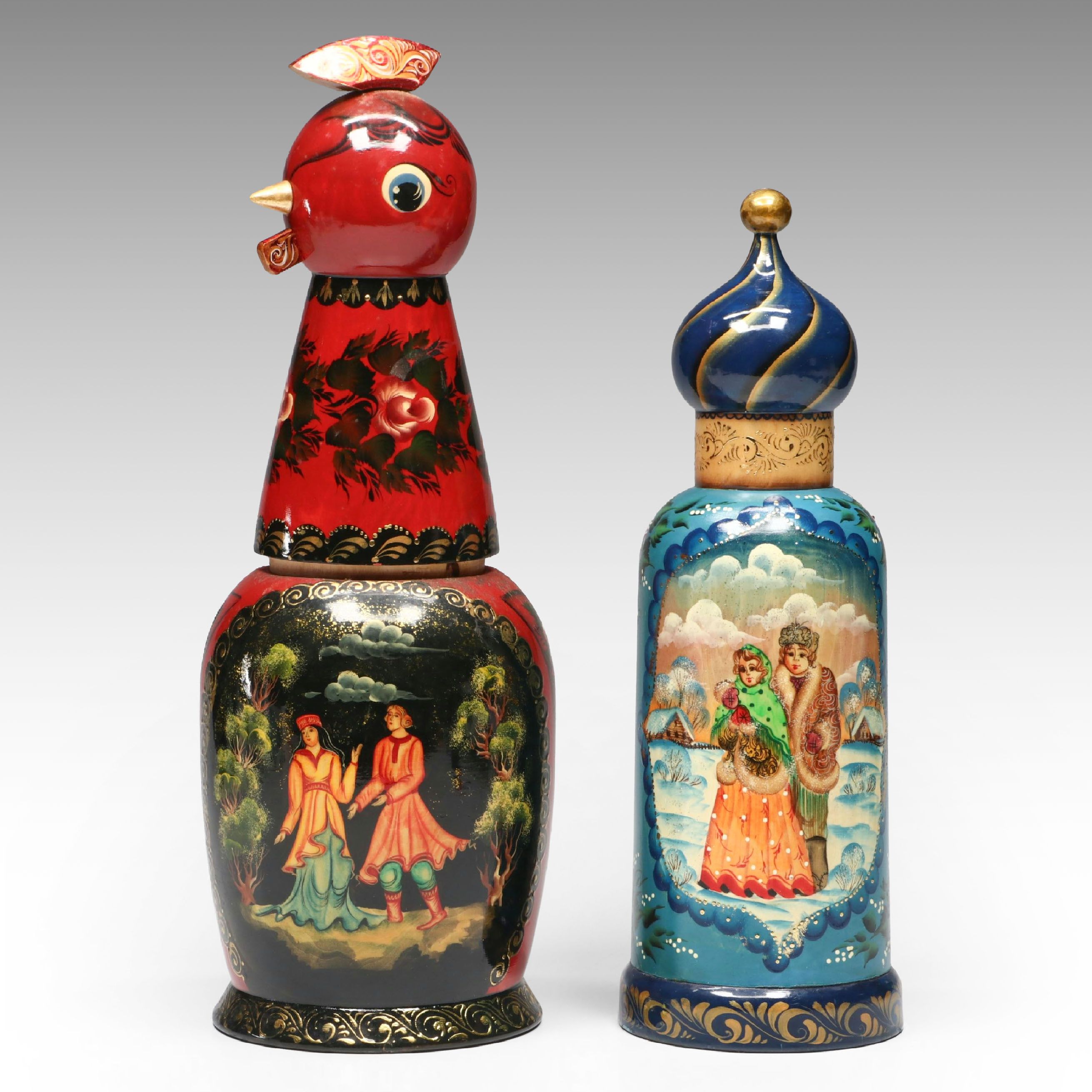 Russian Hand-Painted Folk Art Rooster Wood Bottle Holder with Decorative Bottle