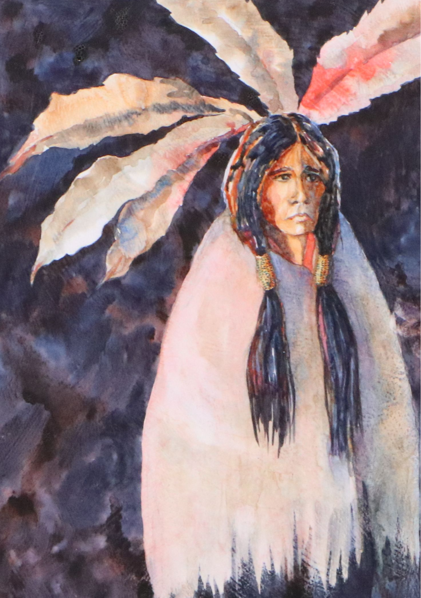 Watercolor Painting of Native American Figure, Late 20th to 21st Century