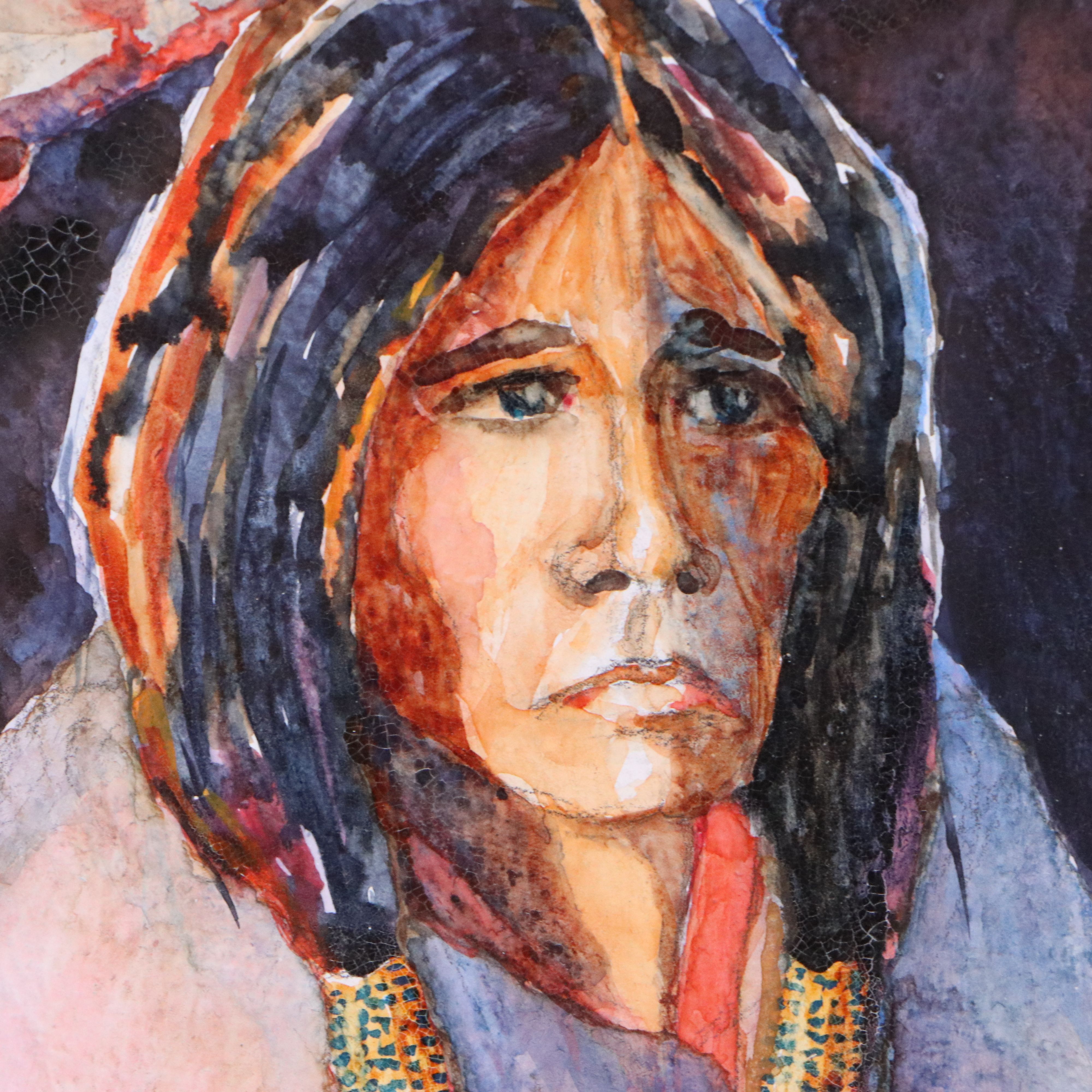 Watercolor Painting of Native American Figure, Late 20th to 21st Century
