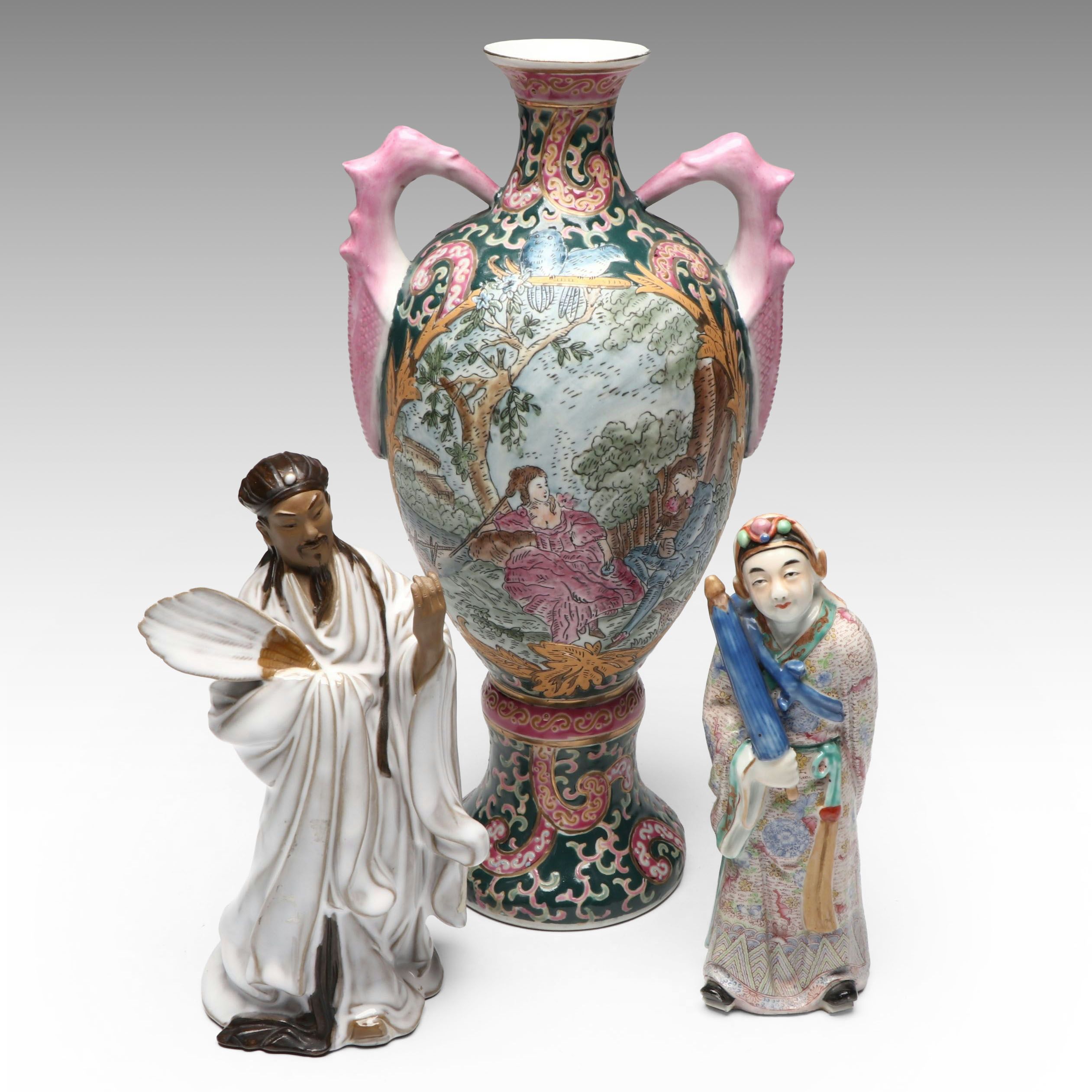Chinese Republic Period Famille Rose Porcelain Vase, "Lan Caihe", Shiwan Figures