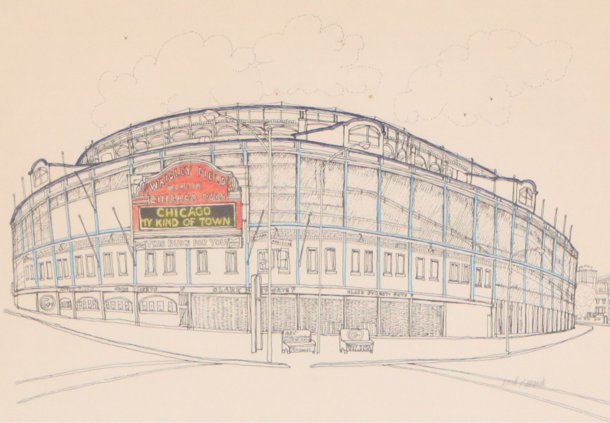 Enid Romanek Hand-Colored Lithograph of Wrigley Field, Late 20th Century
