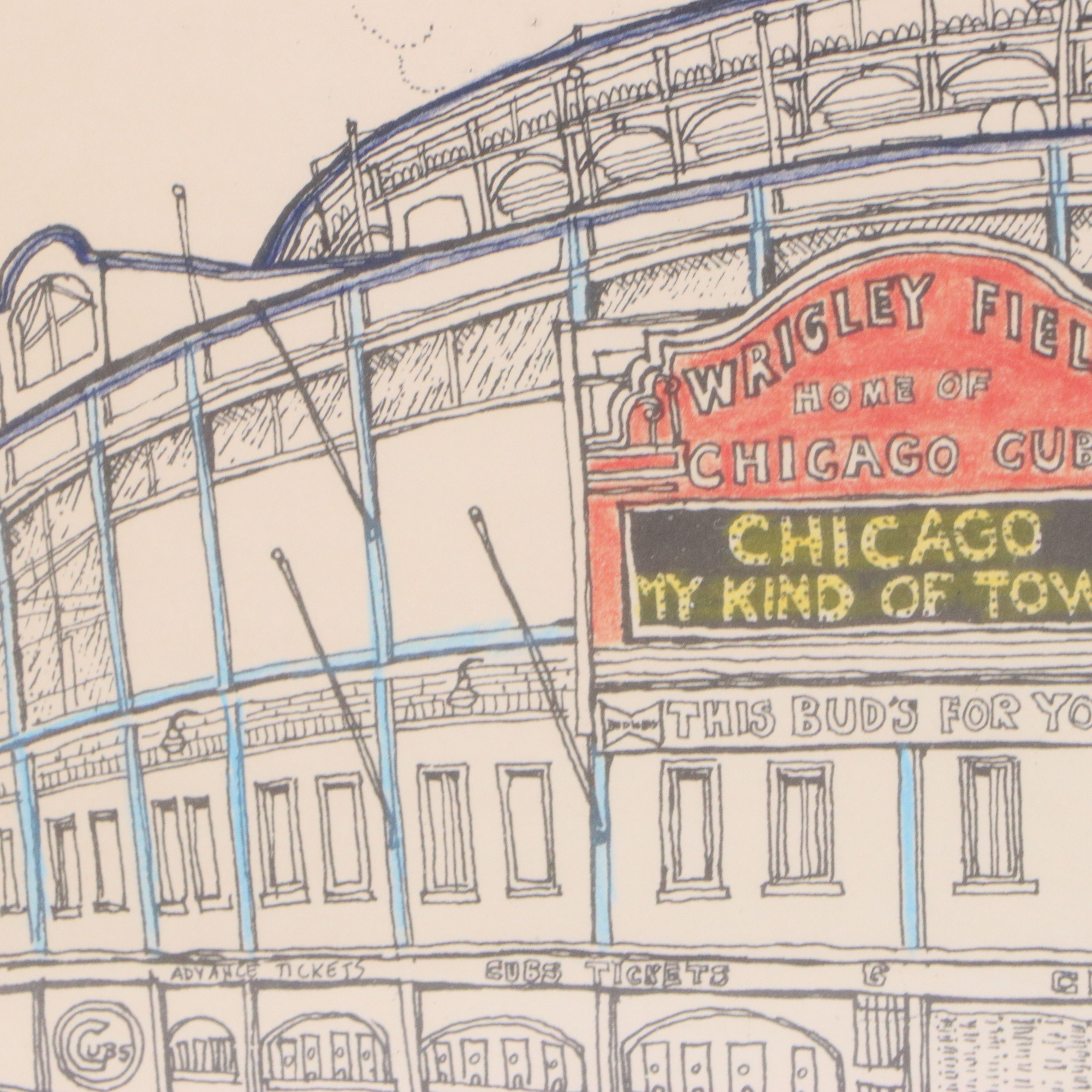 Enid Romanek Hand-Colored Lithograph of Wrigley Field, Late 20th Century
