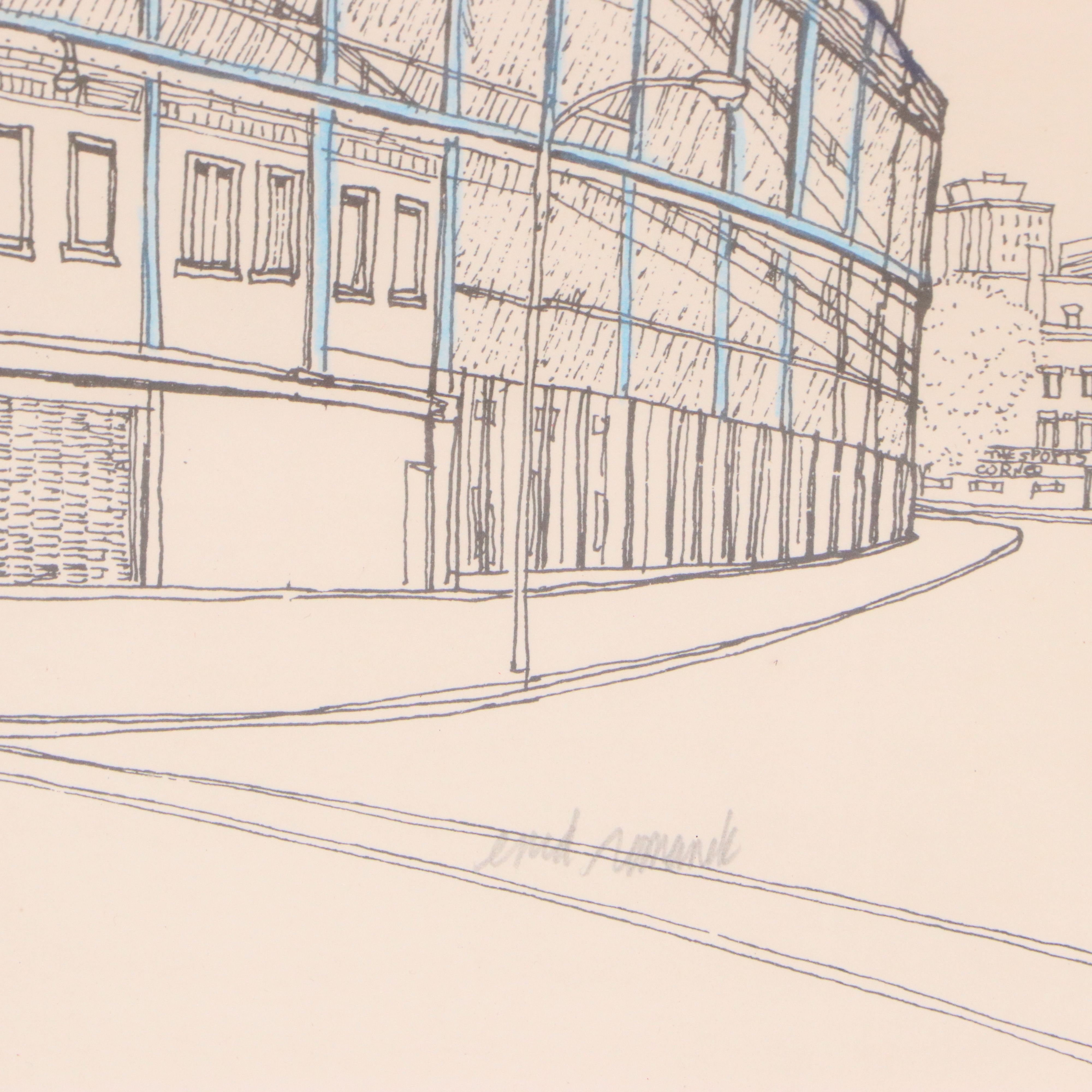 Enid Romanek Hand-Colored Lithograph of Wrigley Field, Late 20th Century