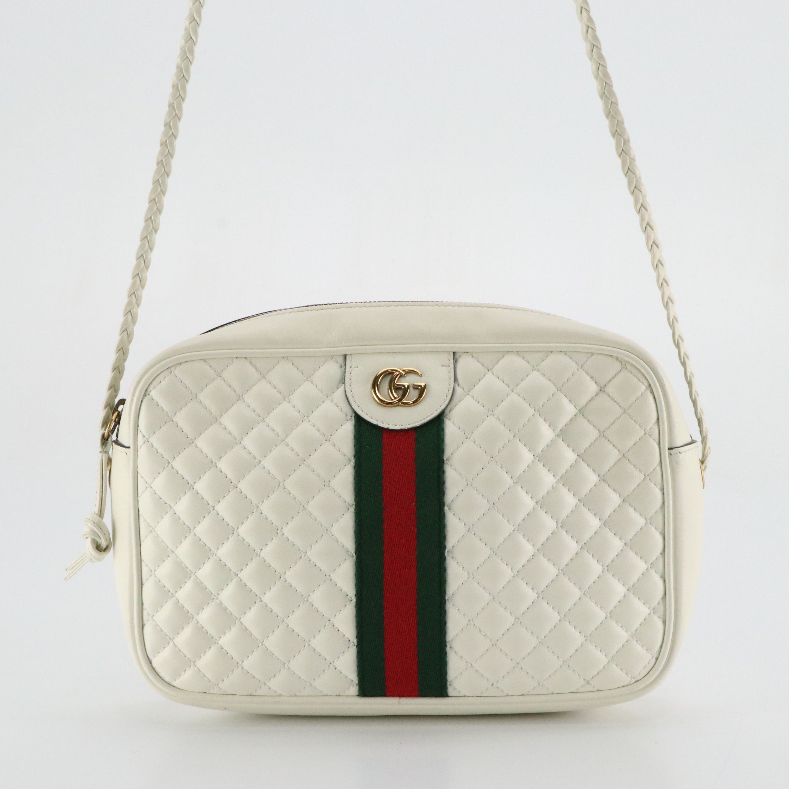Gucci Web Stripe Trapuntata Camera Crossbody Bag in White Quilted Leather