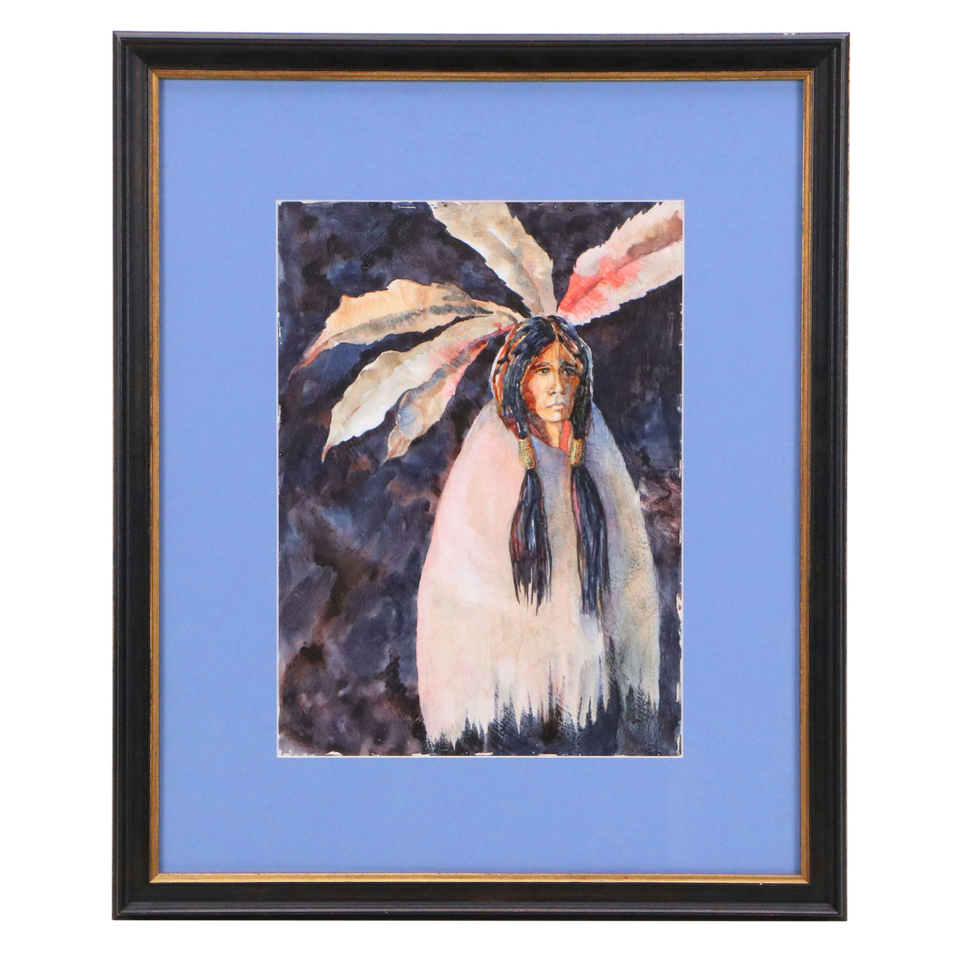 Watercolor Painting of Native American Figure, Late 20th to 21st Century