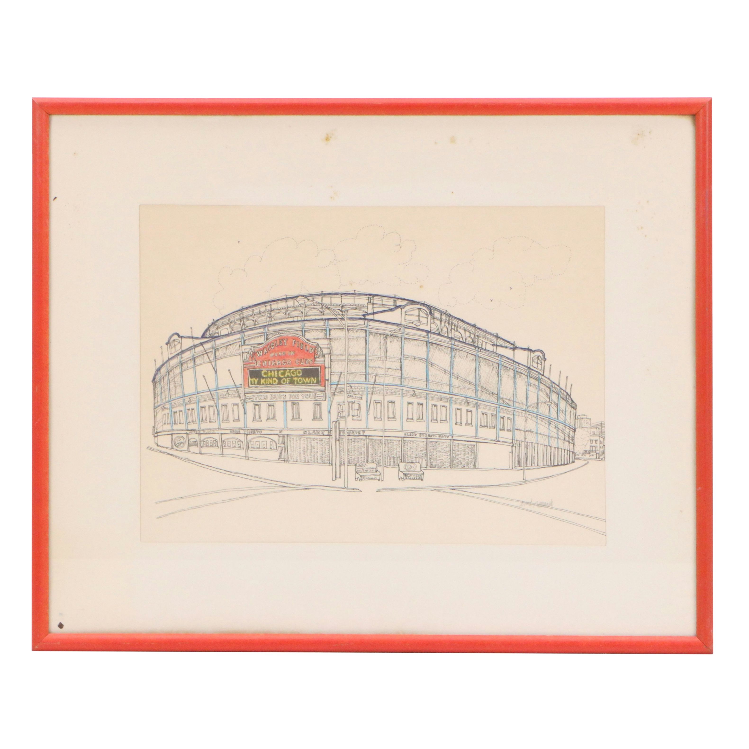 Enid Romanek Hand-Colored Lithograph of Wrigley Field, Late 20th Century