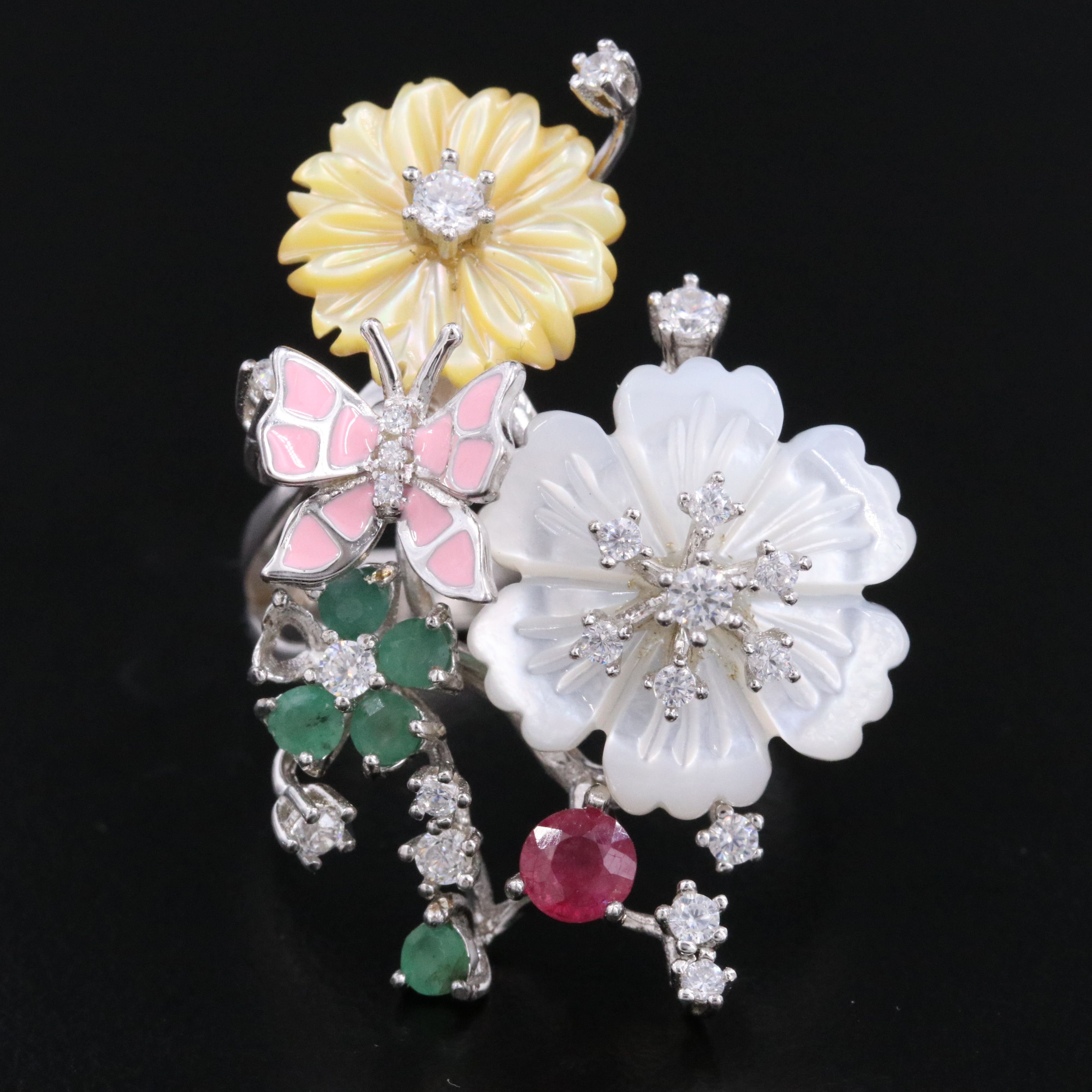 Sterling Carved Mother-of-Pearl Flower and Enamel Butterfly Ring