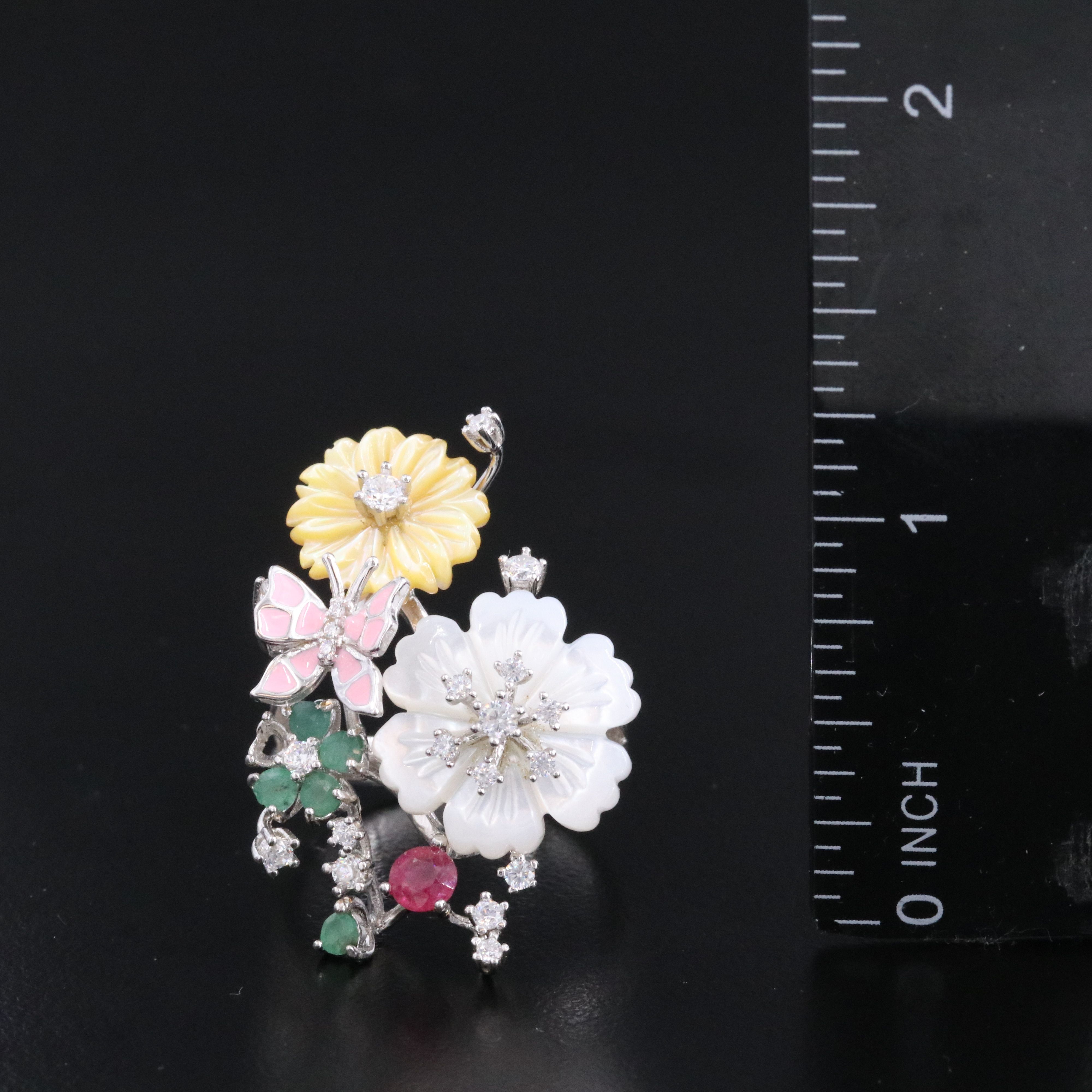 Sterling Carved Mother-of-Pearl Flower and Enamel Butterfly Ring