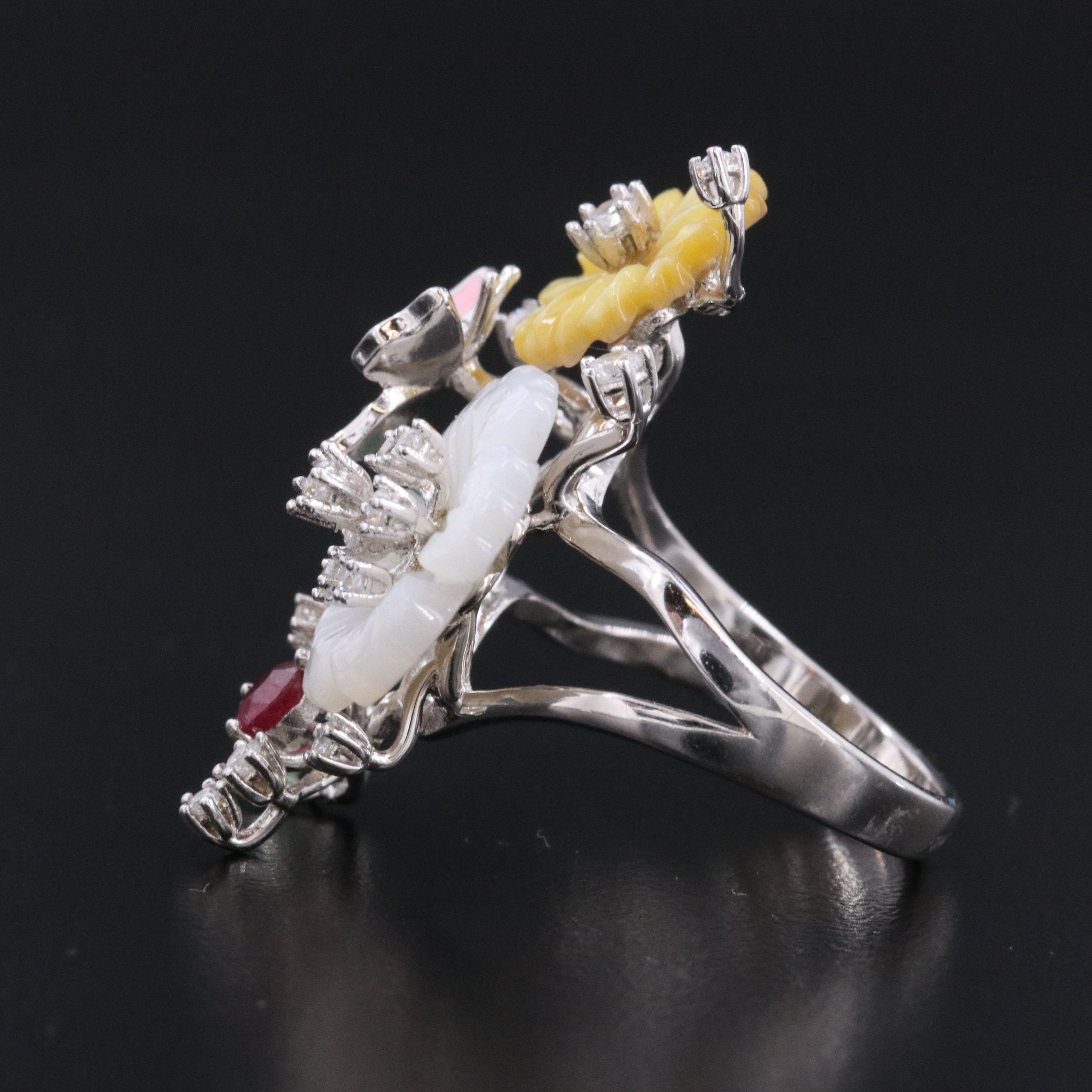 Sterling Carved Mother-of-Pearl Flower and Enamel Butterfly Ring