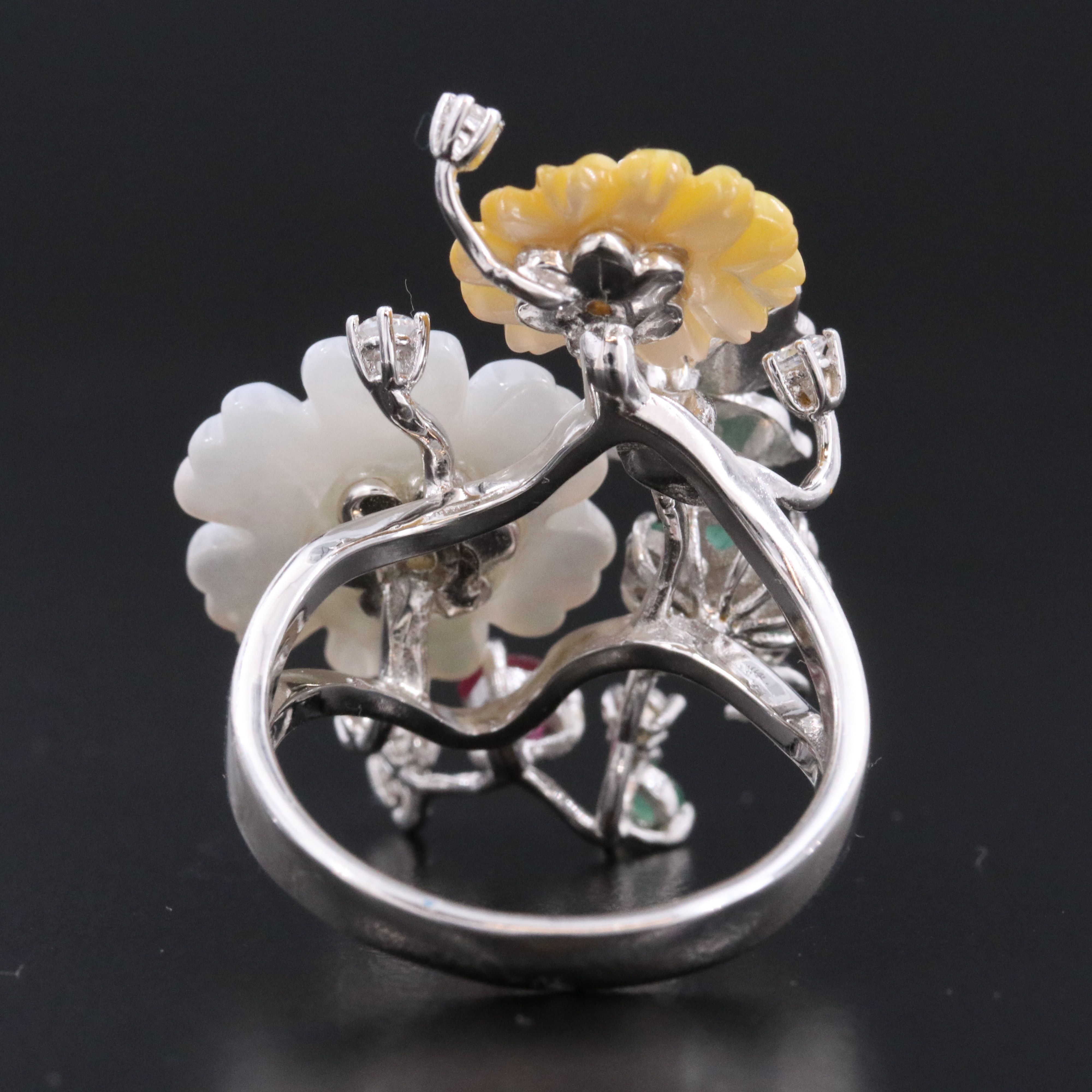 Sterling Carved Mother-of-Pearl Flower and Enamel Butterfly Ring