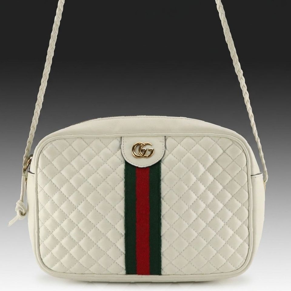 Gucci Web Stripe Trapuntata Camera Crossbody Bag in White Quilted Leather