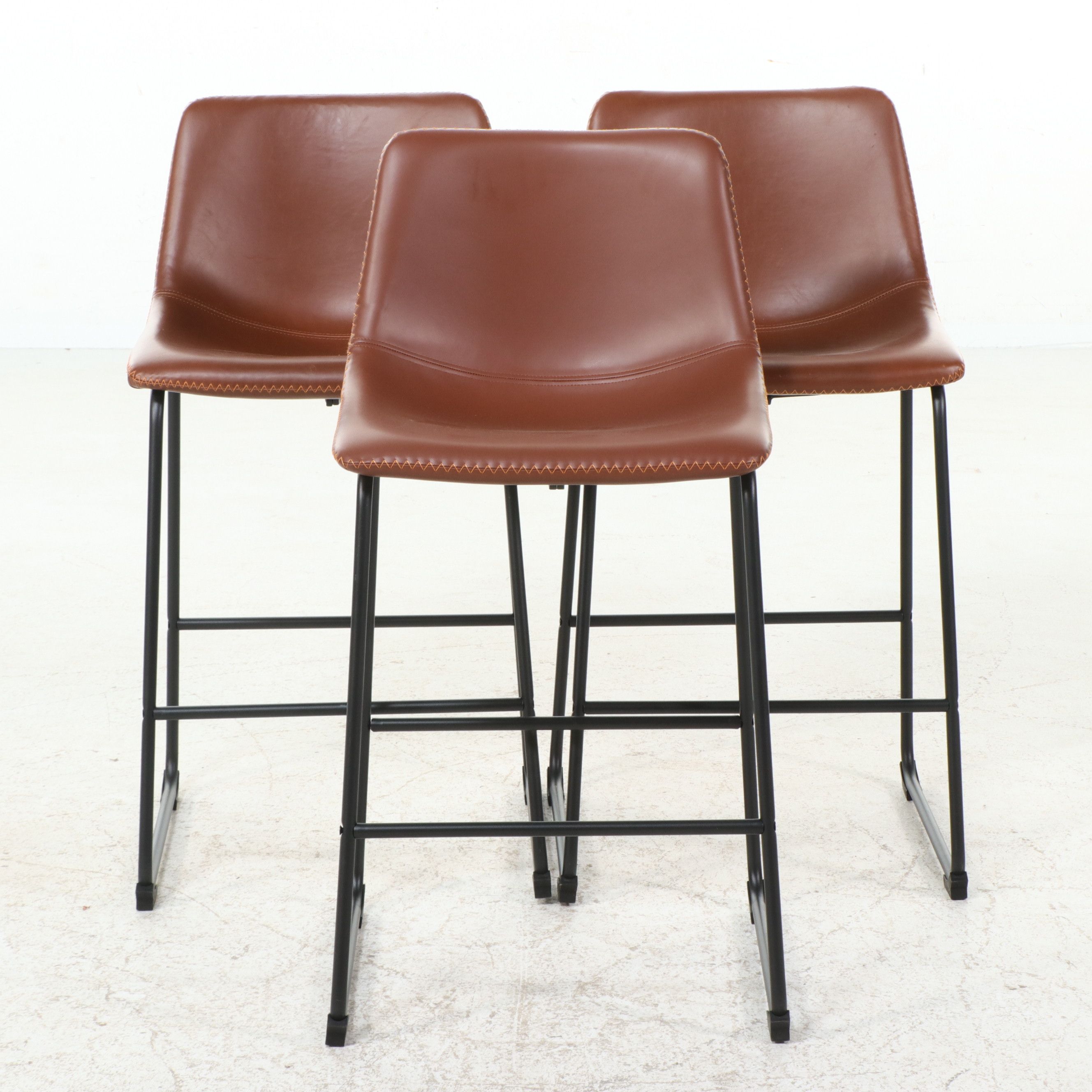 Set of Three Contemporary Mid-Century Style Faux Leather Stools