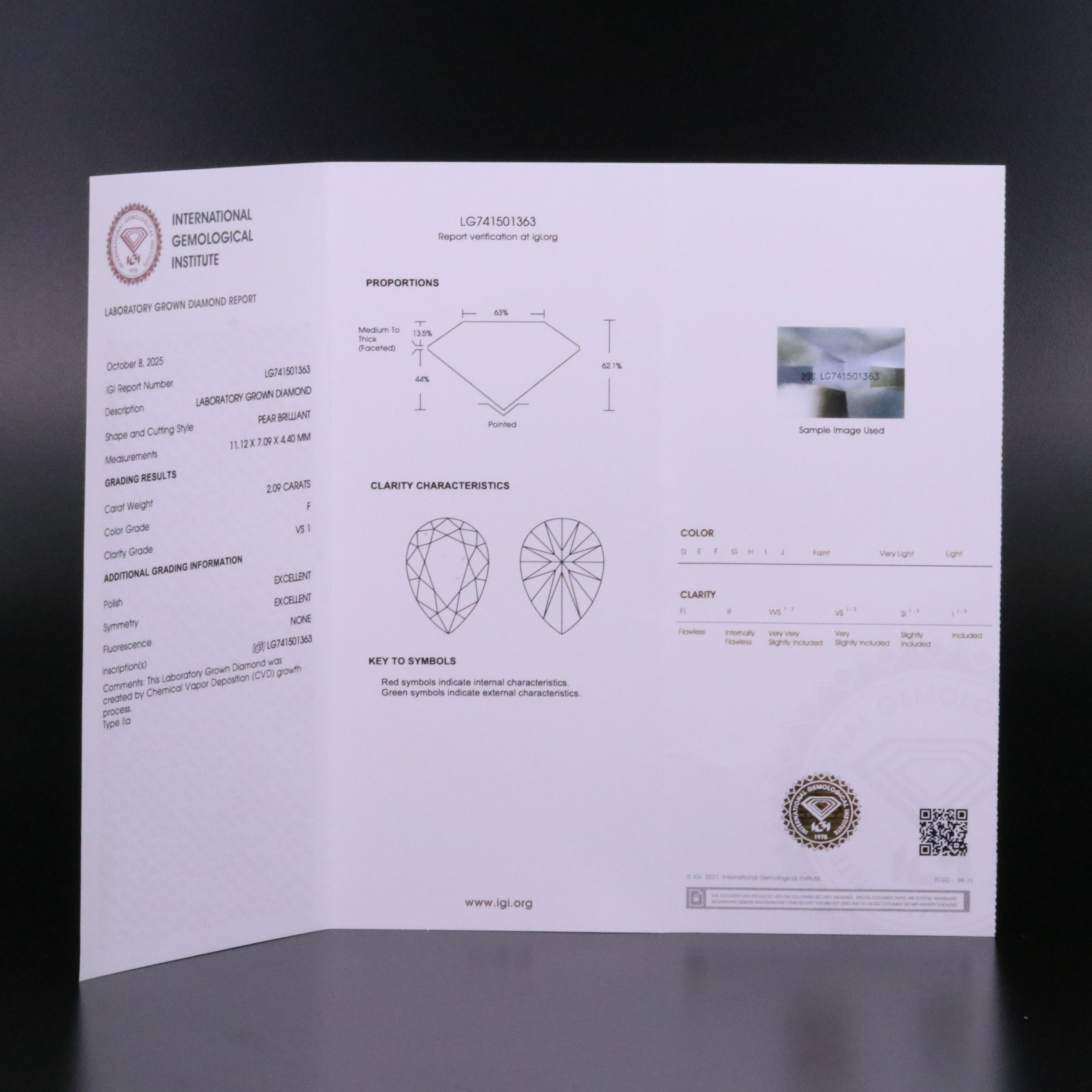 Loose 2.09 CT Lab Grown Diamond with IGI Report