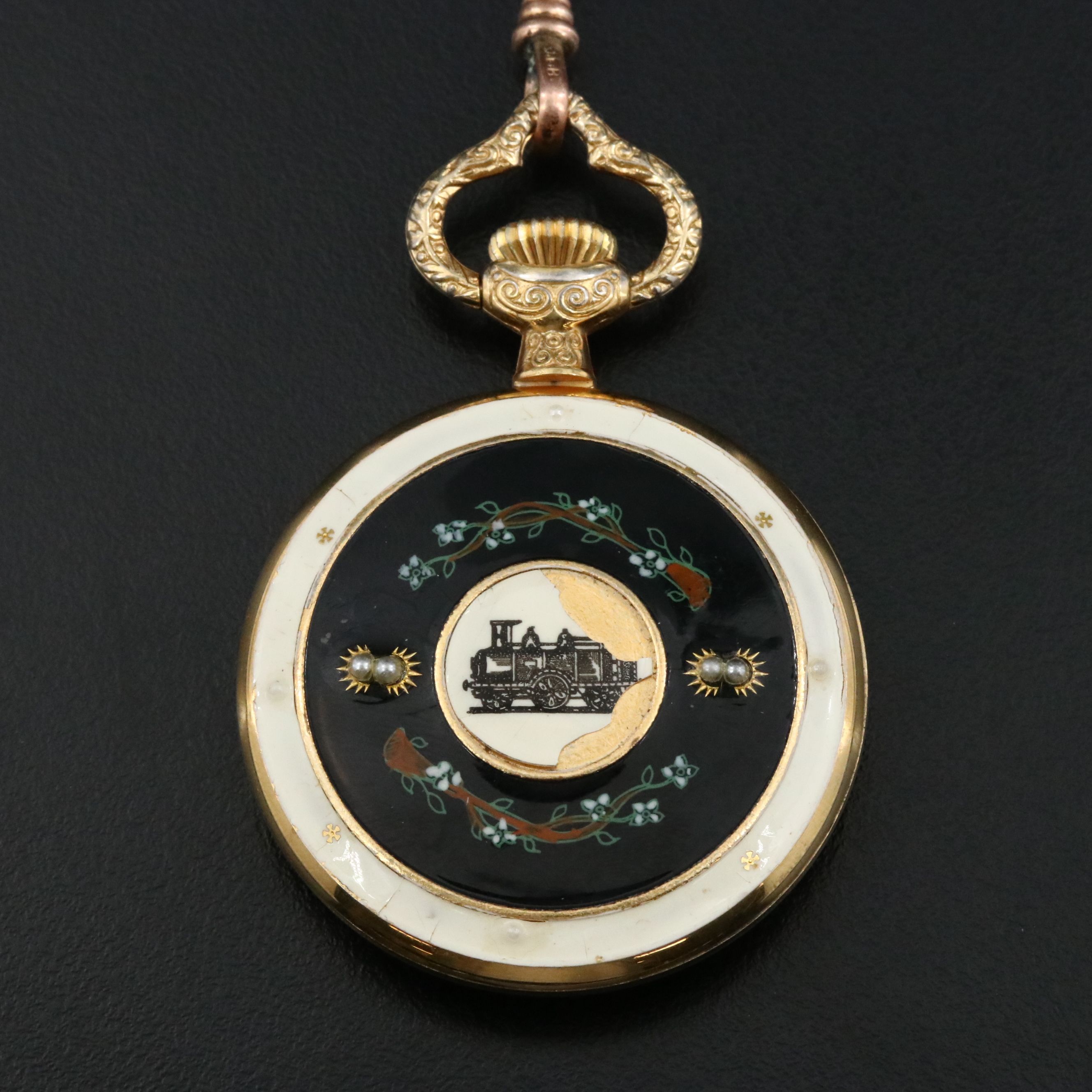 Elgin Ornate Enamel Pocket Watch with Fob