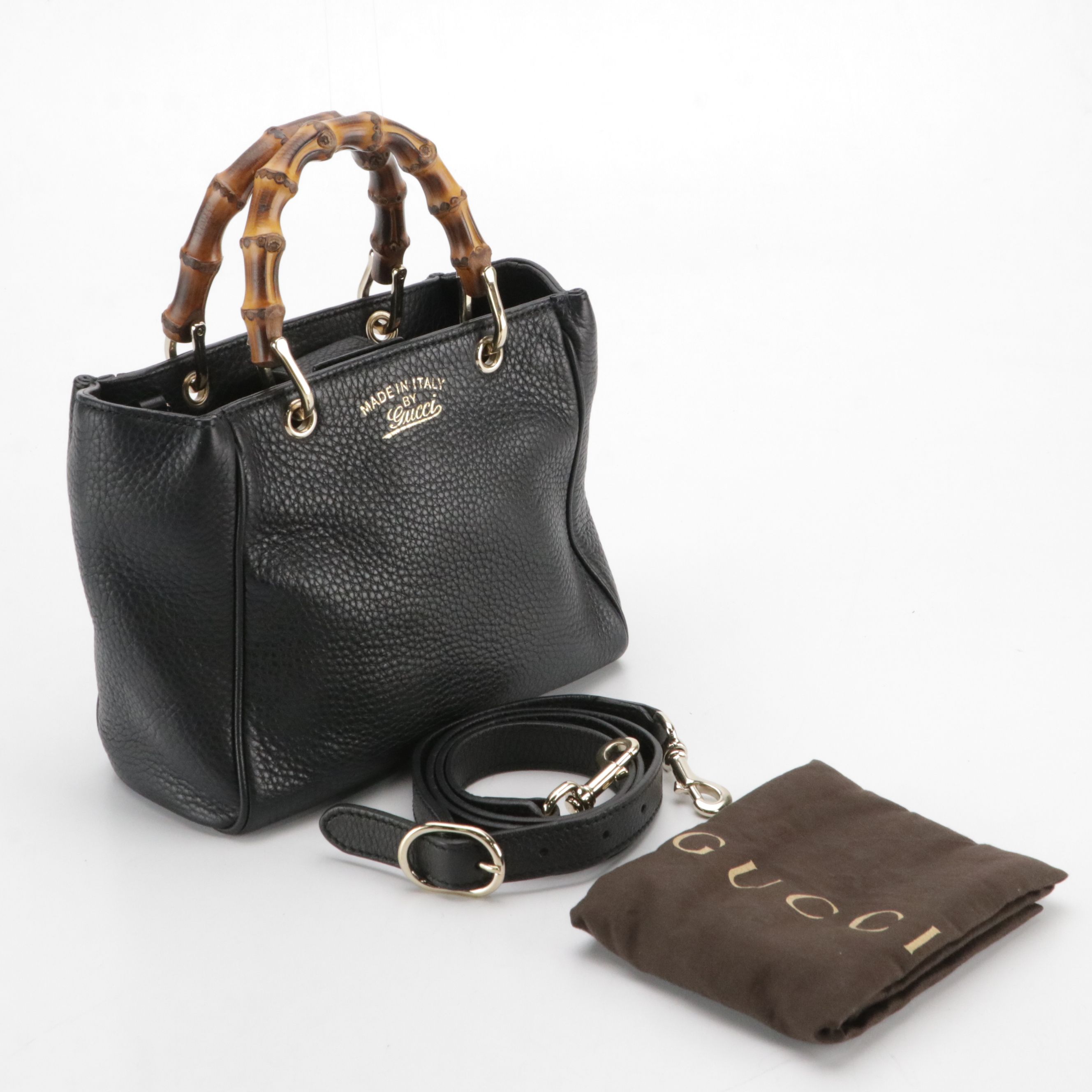 Gucci Mini Bamboo Handle Two-Way Shopper Tote Bag in Black Calfskin Leather