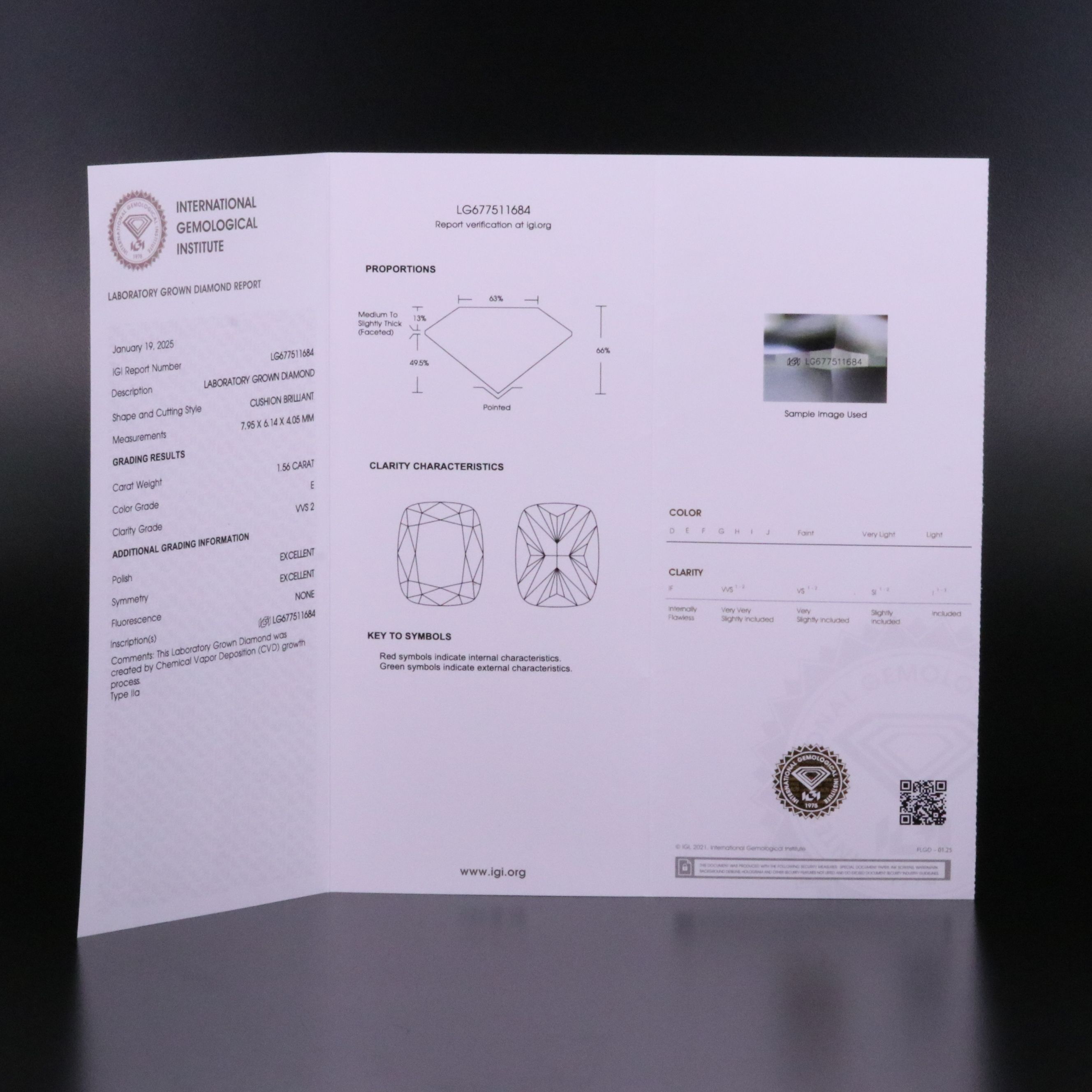 Loose 1.56 CT Lab Grown Diamond with IGI Report