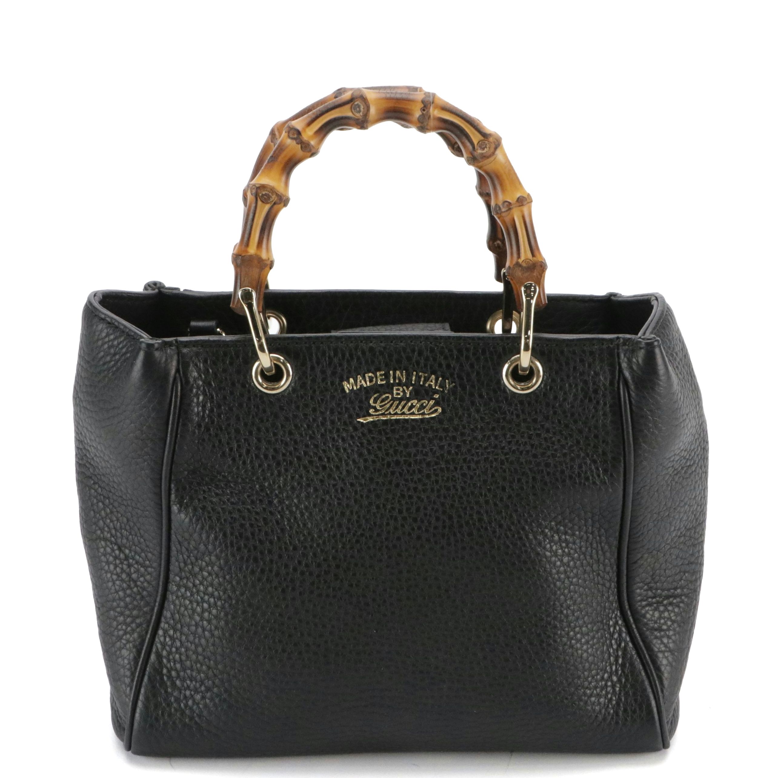 Gucci Mini Bamboo Handle Two-Way Shopper Tote Bag in Black Calfskin Leather