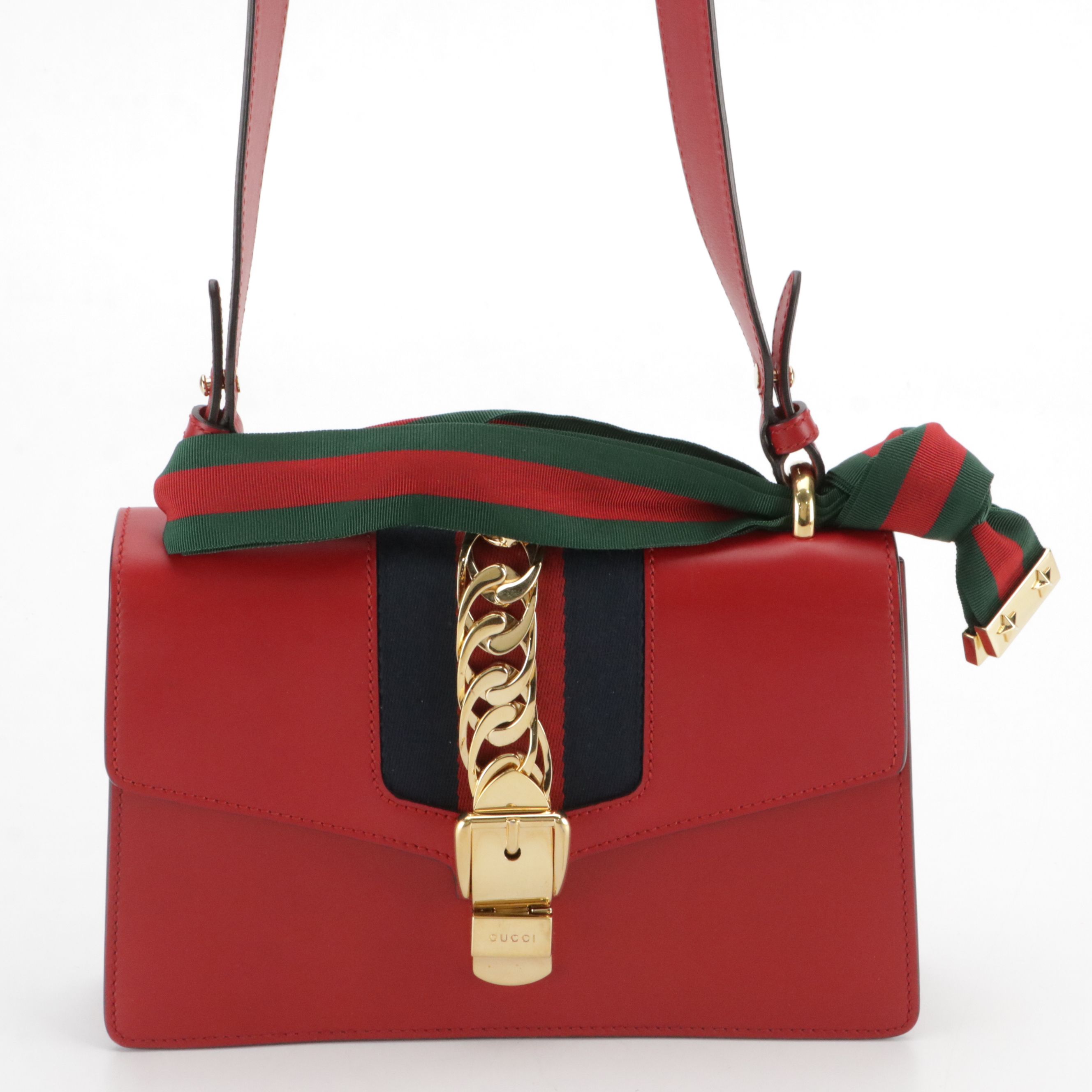 Gucci Medium Sylvie Shoulder Bag in Web Striped Red Calfskin Leather