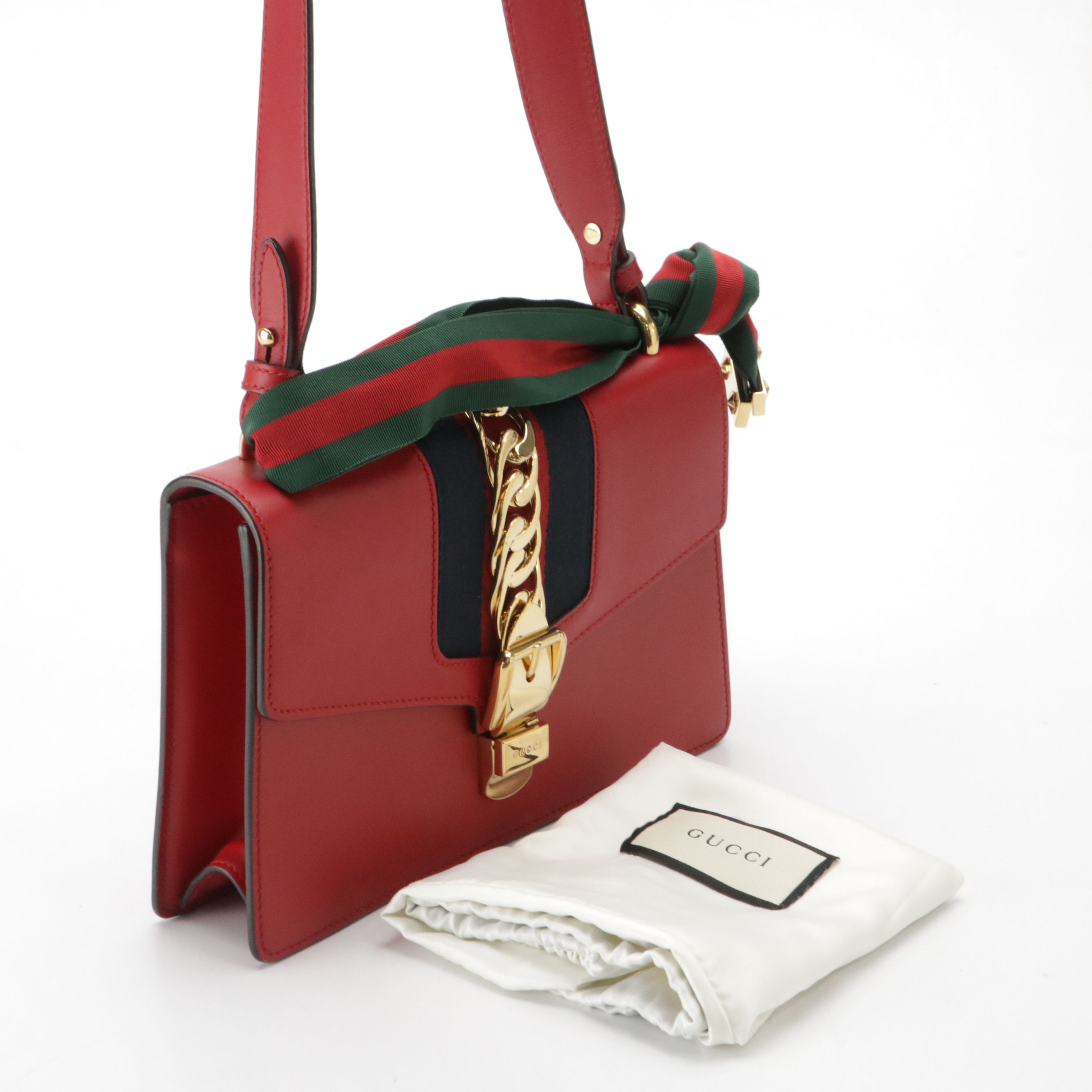 Gucci Medium Sylvie Shoulder Bag in Web Striped Red Calfskin Leather