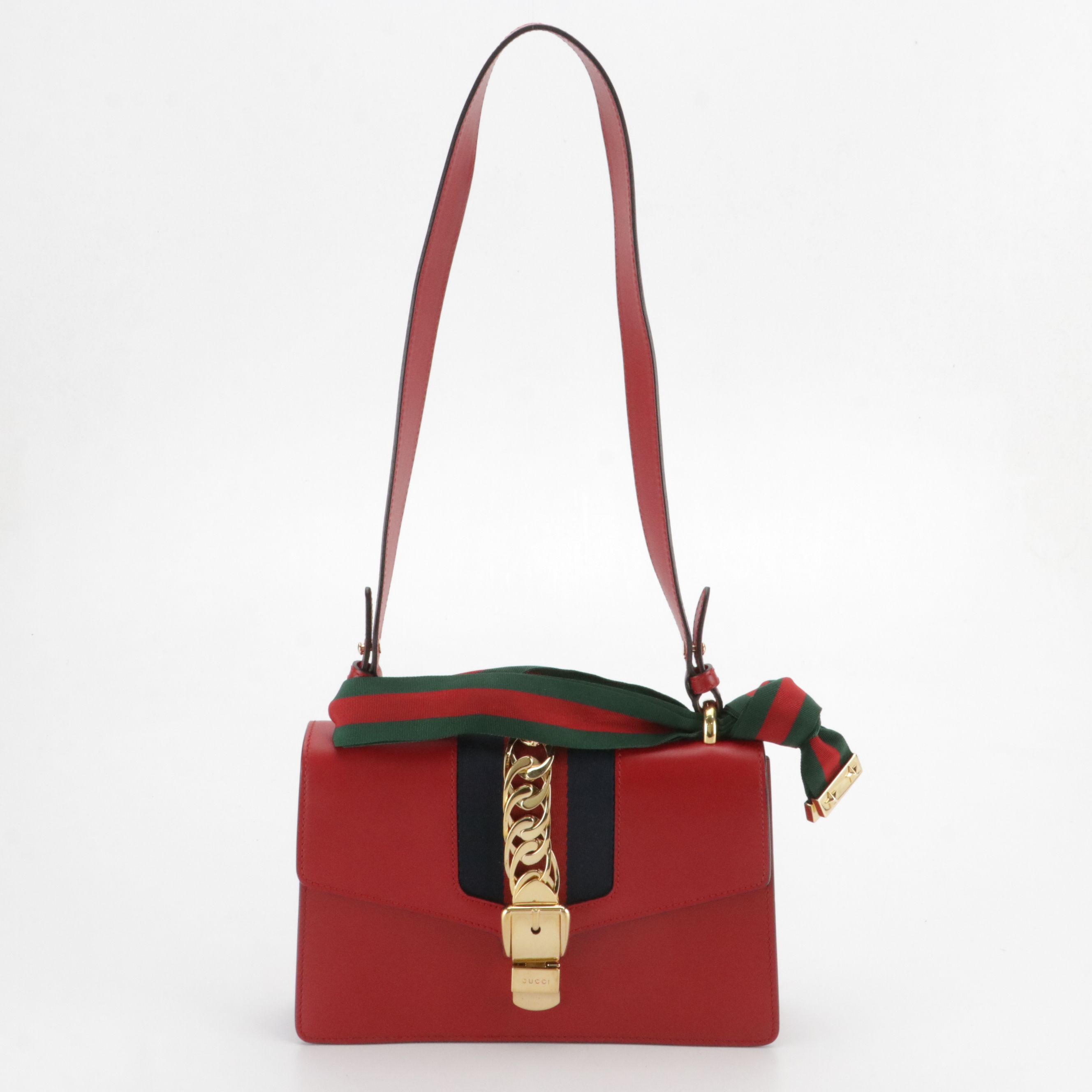 Gucci Medium Sylvie Shoulder Bag in Web Striped Red Calfskin Leather