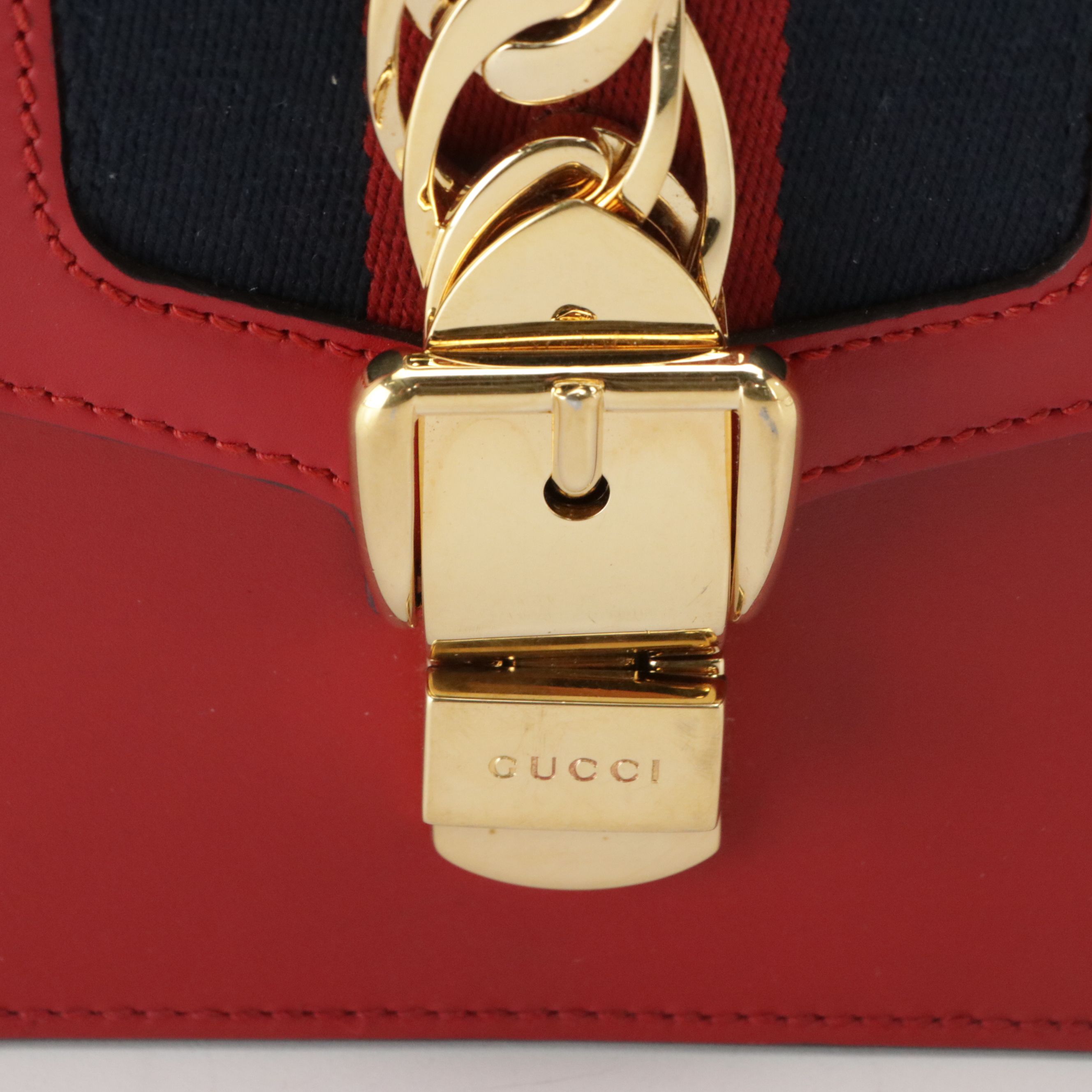 Gucci Medium Sylvie Shoulder Bag in Web Striped Red Calfskin Leather