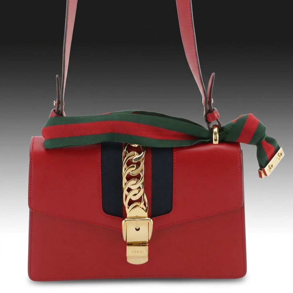Gucci Medium Sylvie Shoulder Bag in Web Striped Red Calfskin Leather